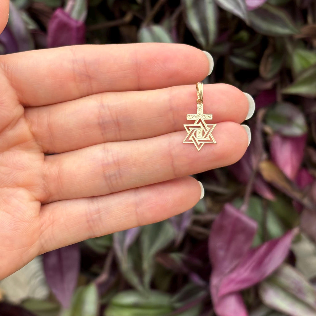 14k Gold Judica Star of David Magan Cross Star Charm Pendant