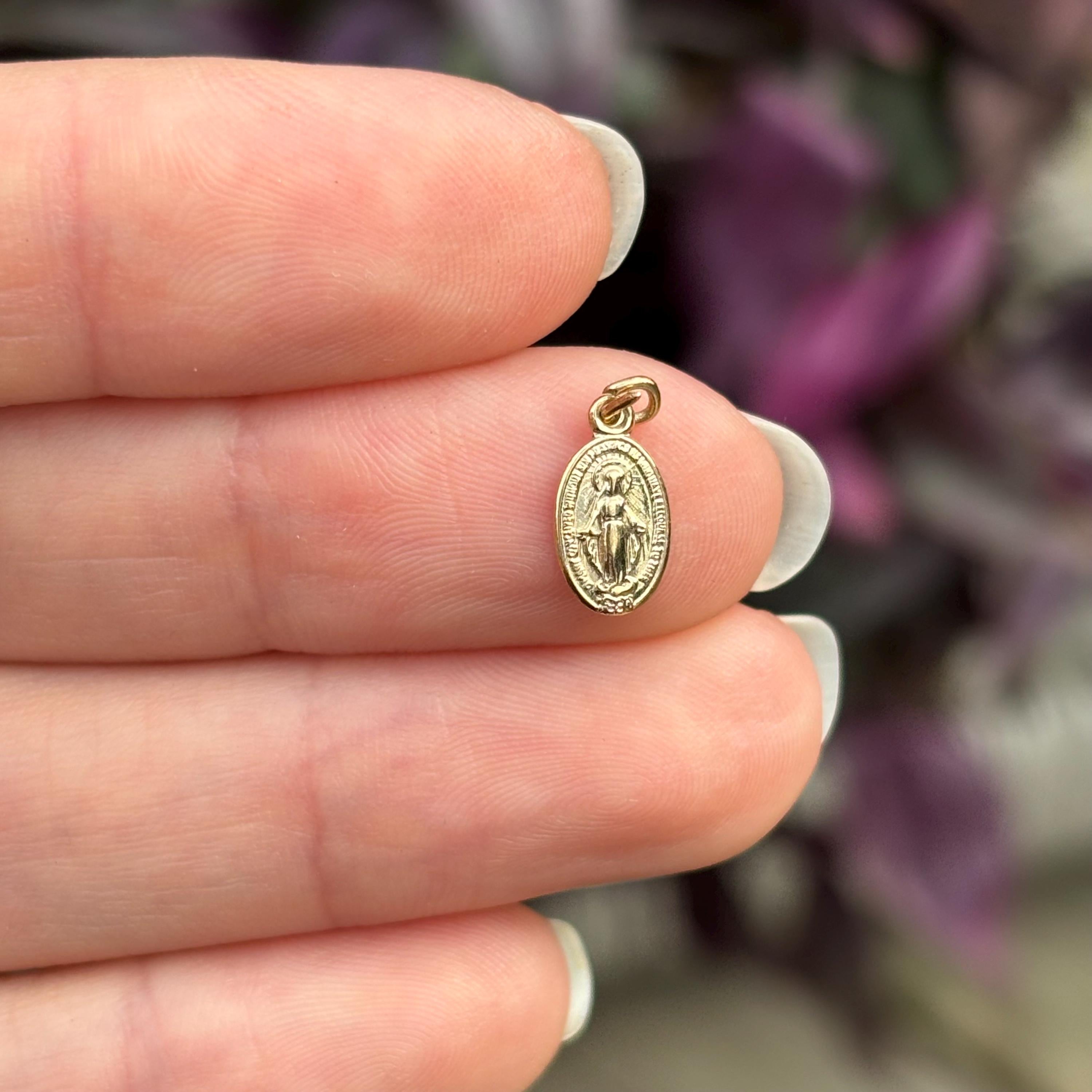 14k Gold Miraculous Medal Oval Medal Charm Pendant Mini