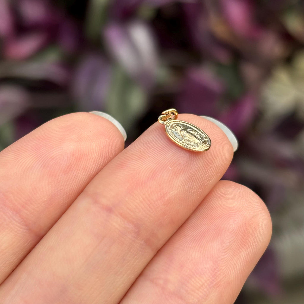 14k Gold Miraculous Medal Oval Medal Charm Pendant Mini
