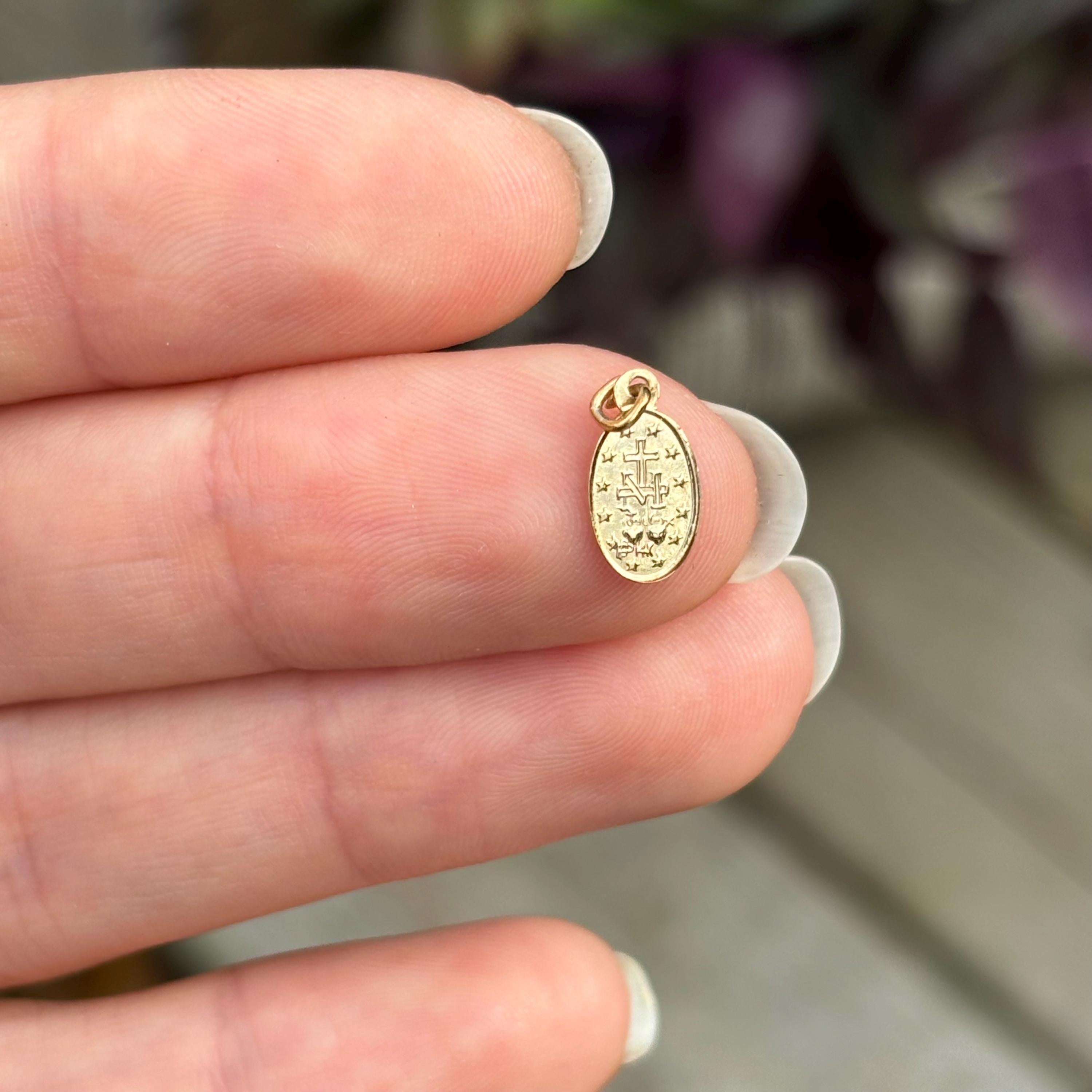 14k Gold Miraculous Medal Oval Medal Charm Pendant Mini
