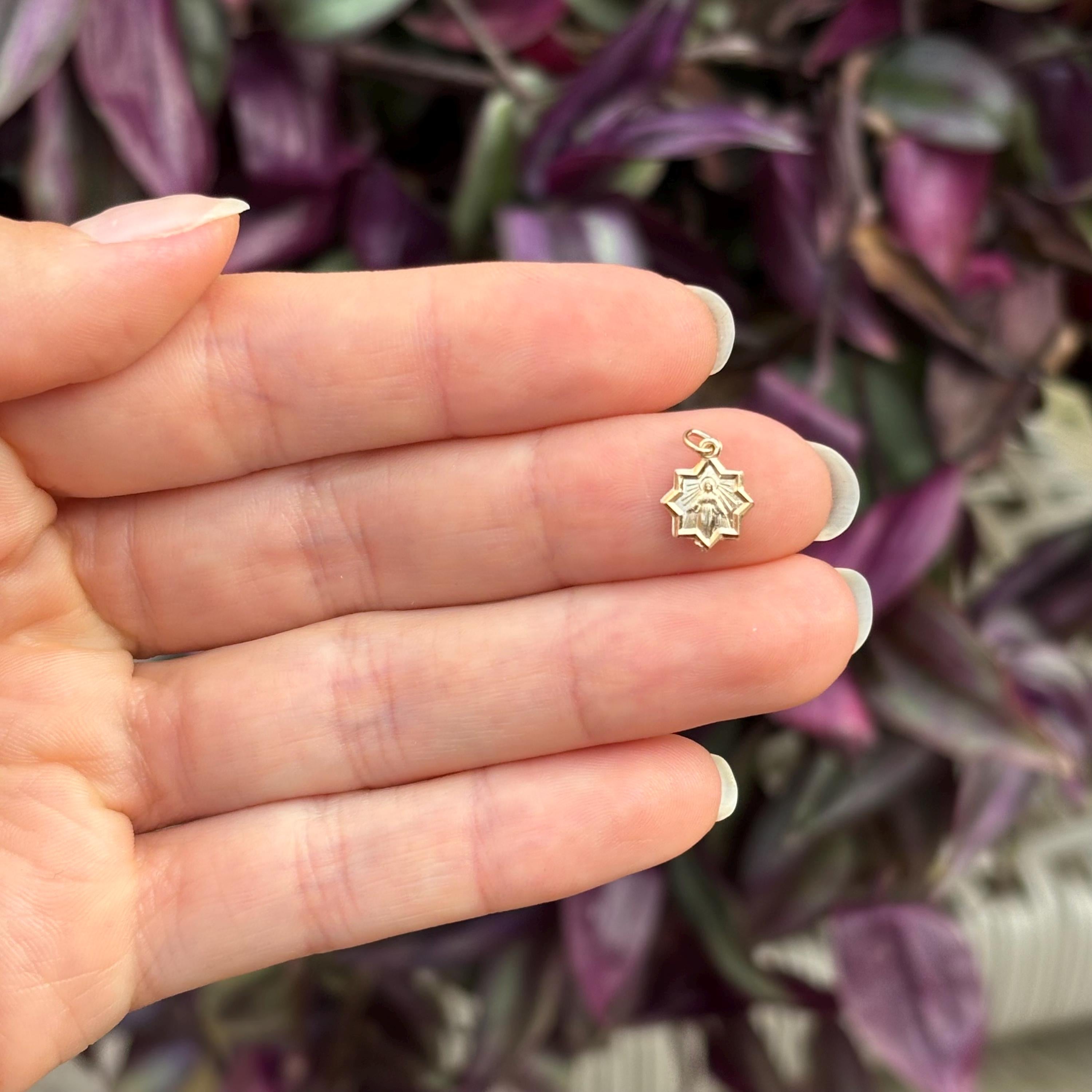 14k Gold Blessed Mary Star Medal Charm Pendant Mini