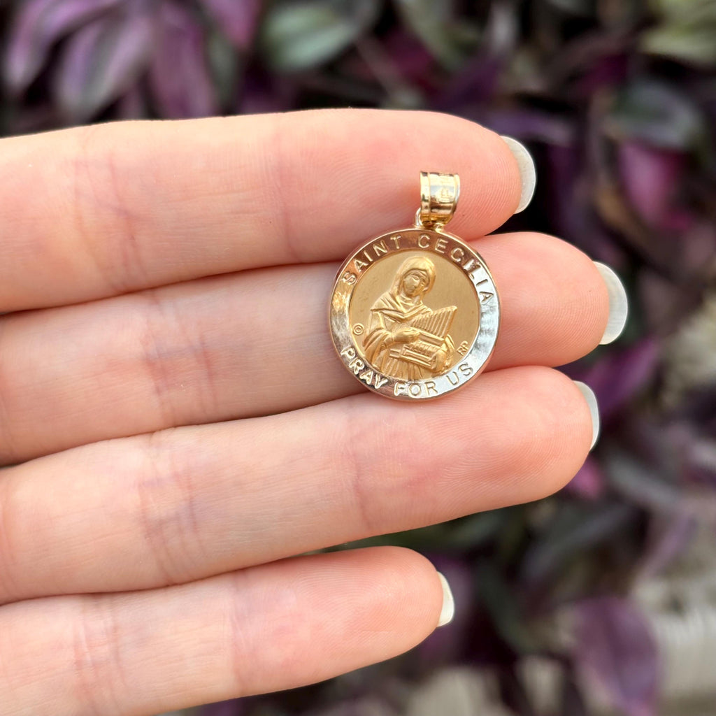 14k Gold St Cecilia Round Medal Pendant