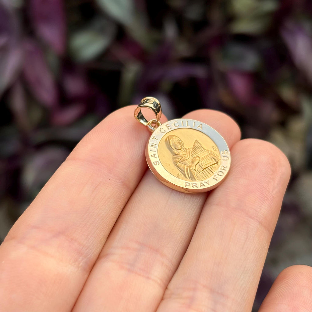 14k Gold St Cecilia Round Medal Pendant
