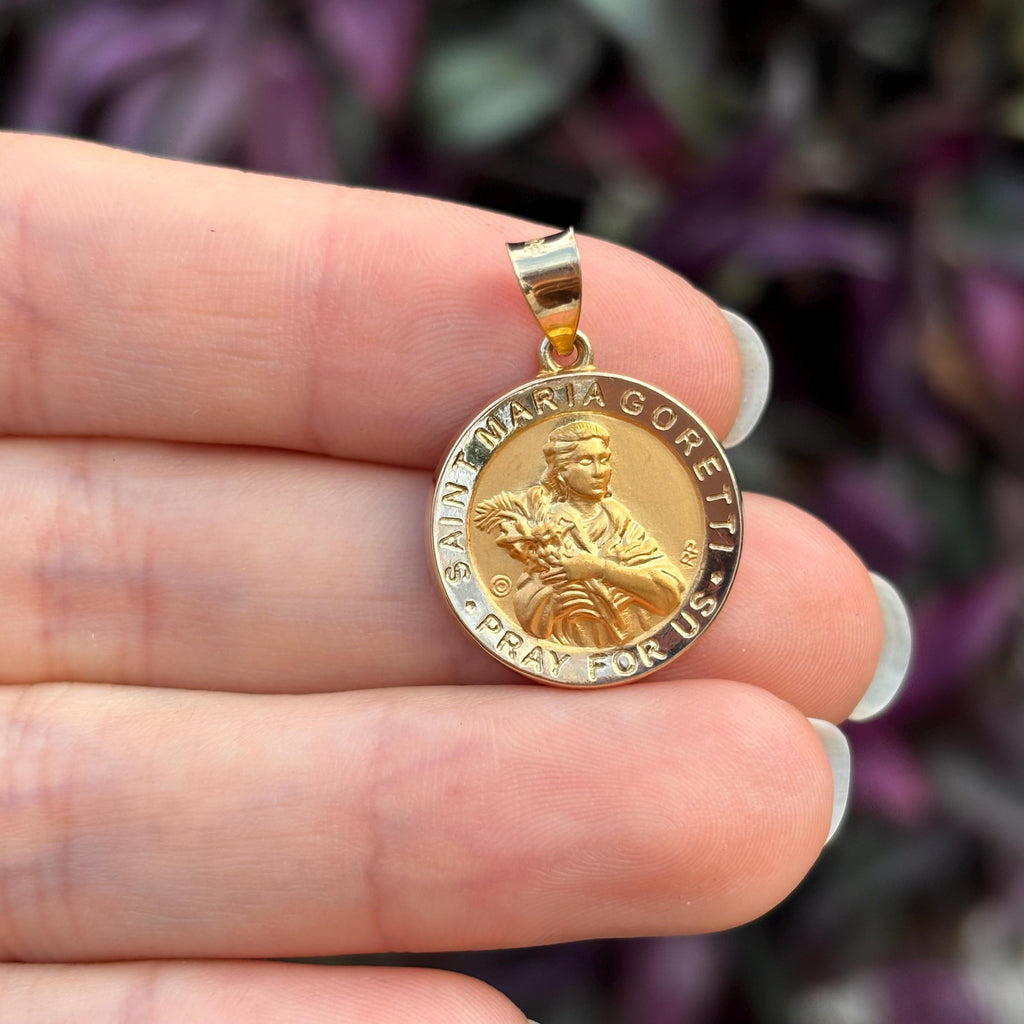 14k Gold St Maria Goretti Round Medal Pendant
