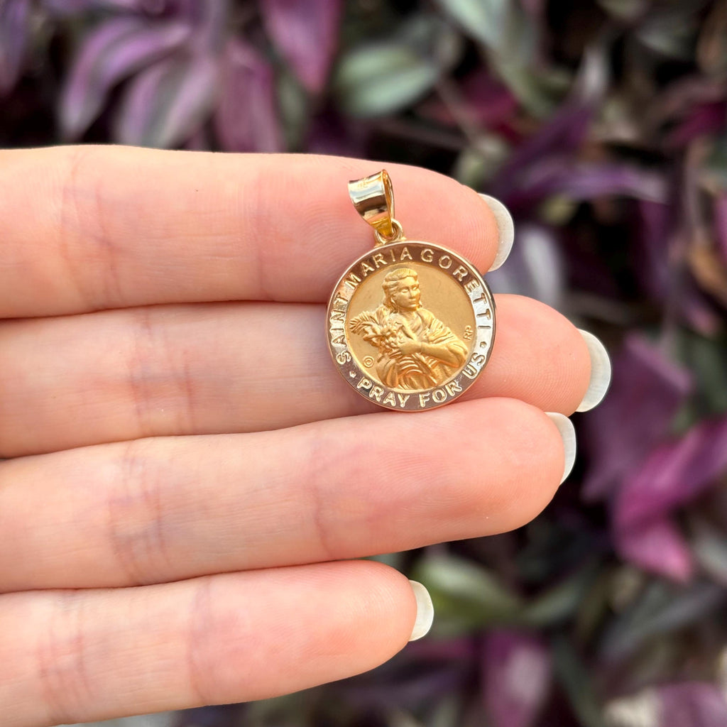14k Gold St Maria Goretti Round Medal Pendant