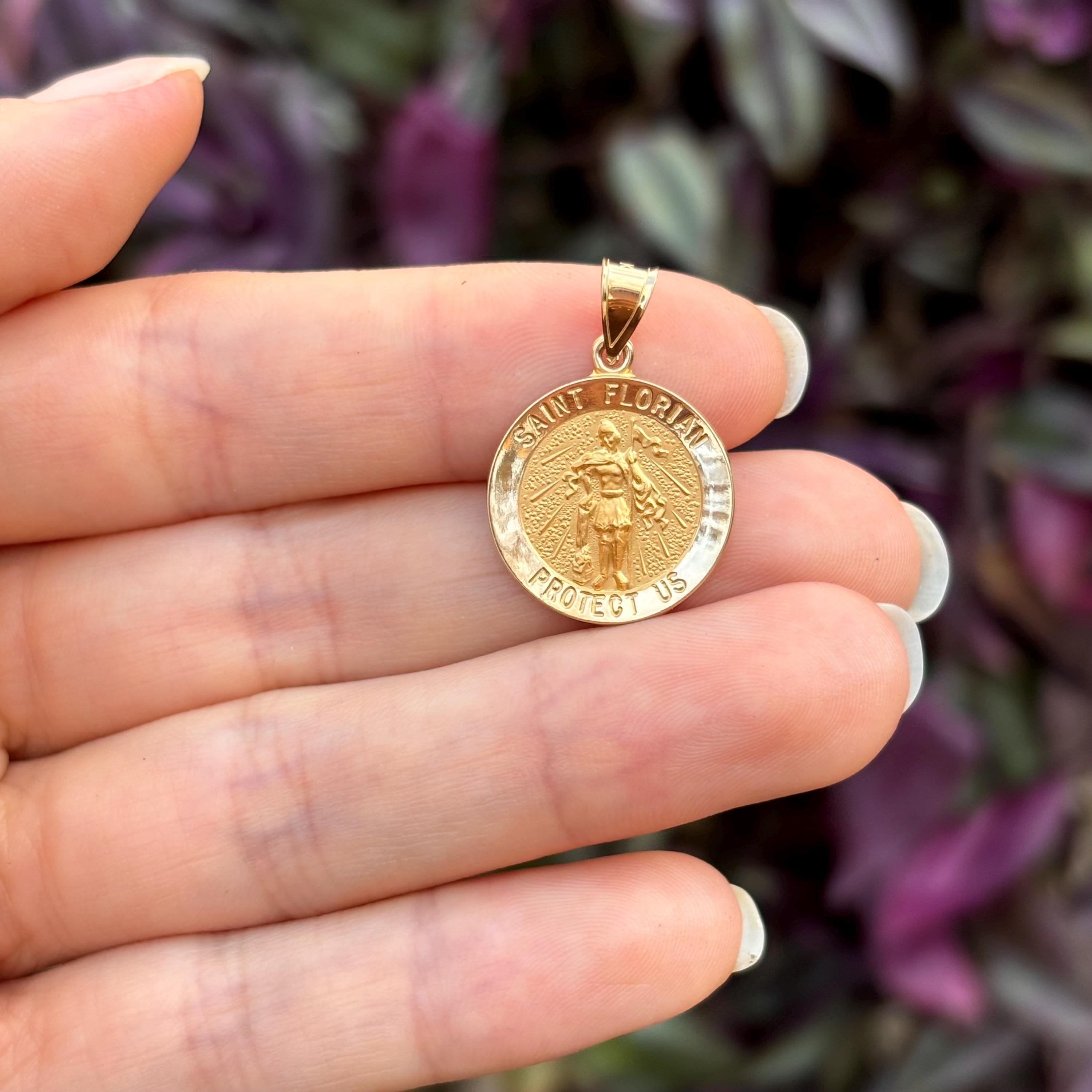 14k Gold St Florian Round Medal Charm Pendant