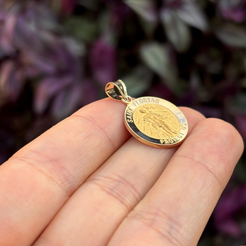 14k Gold St Florian Round Medal Charm Pendant