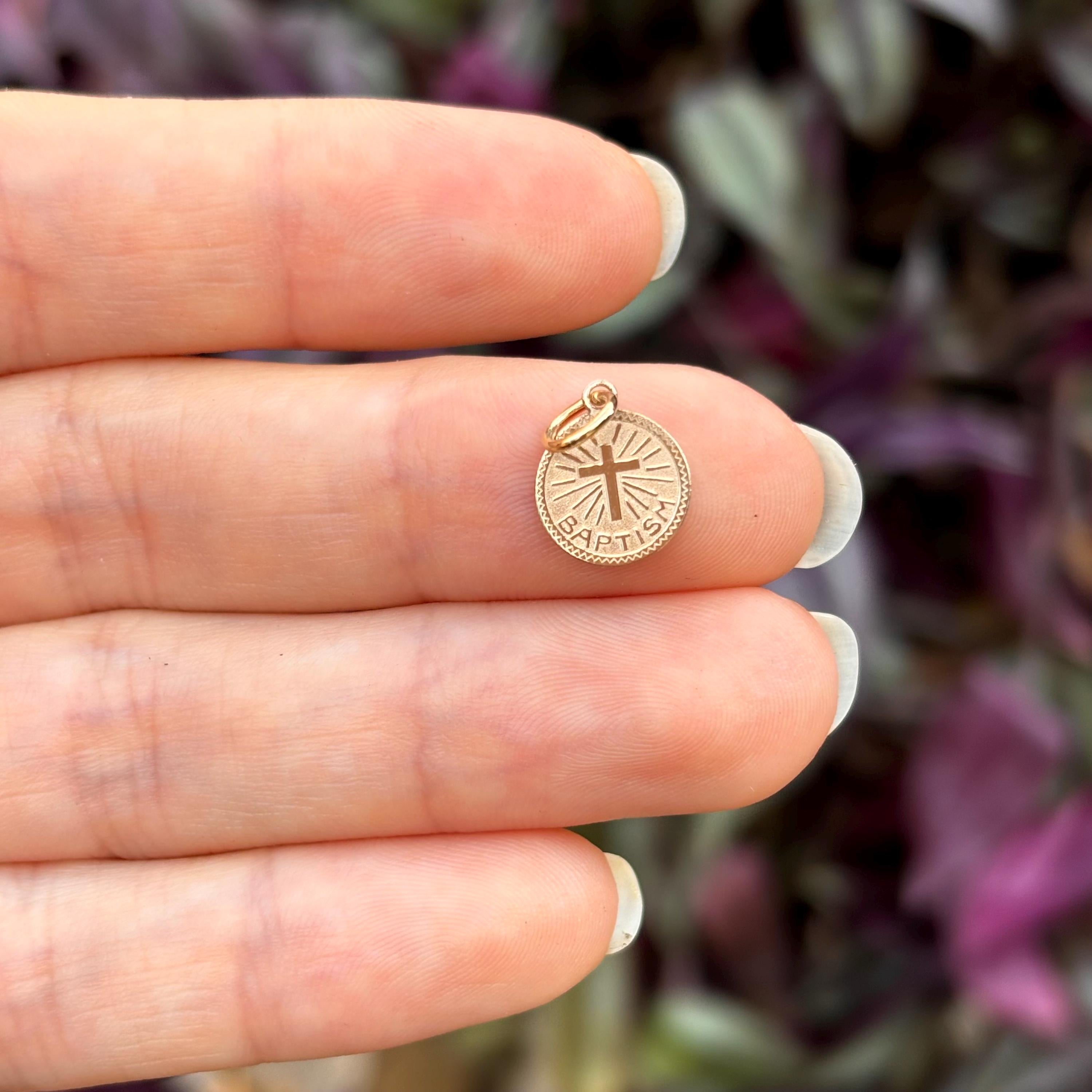 14k Gold Baptism Disc Round Medal Charm Pendant
