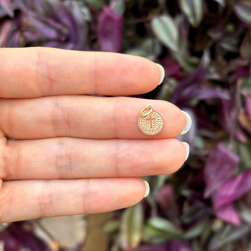14k Gold Baptism Disc Round Medal Charm Pendant