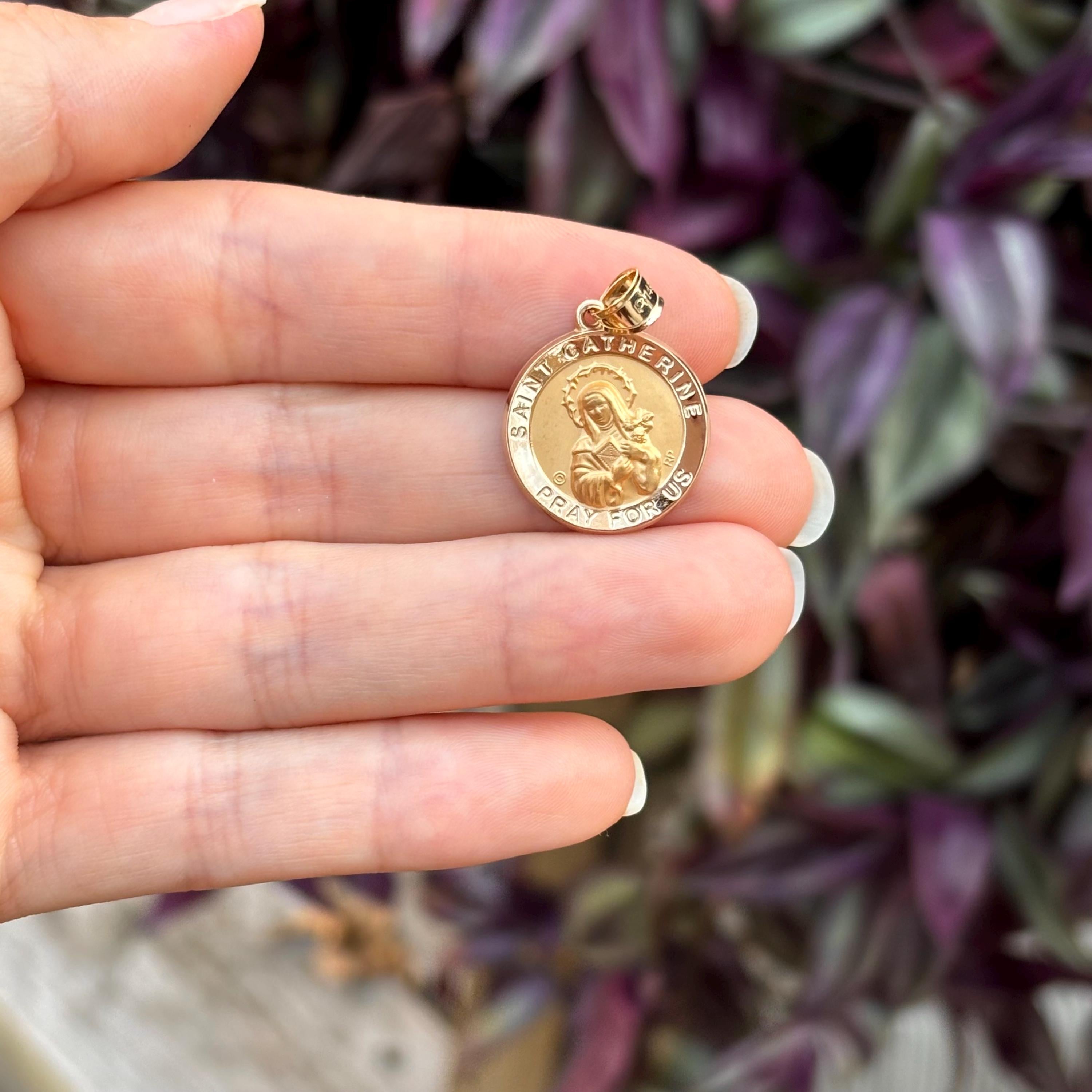 14k Gold St Catherine Round Medal Pendant