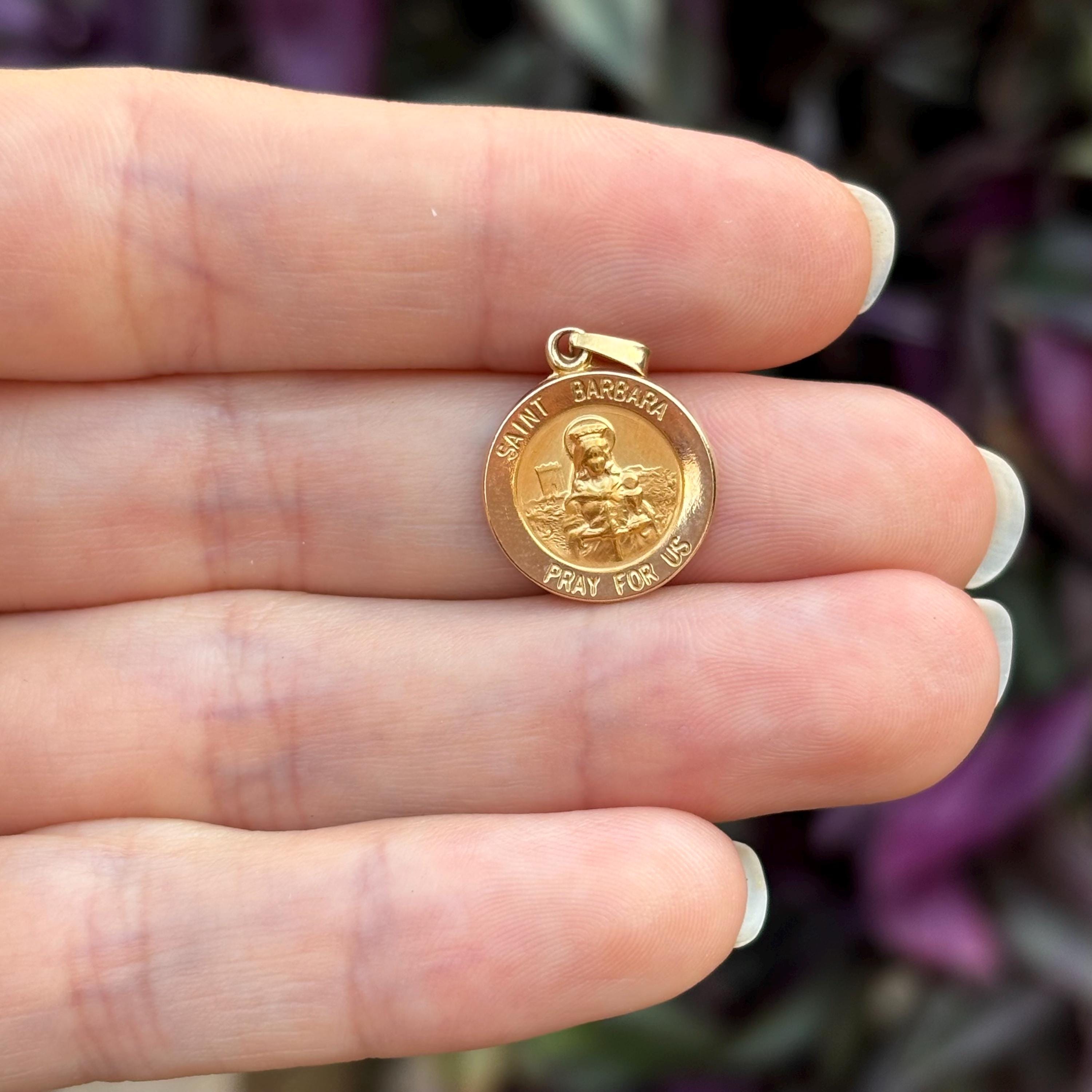 14k Gold St Barbara Round Medal Pendant