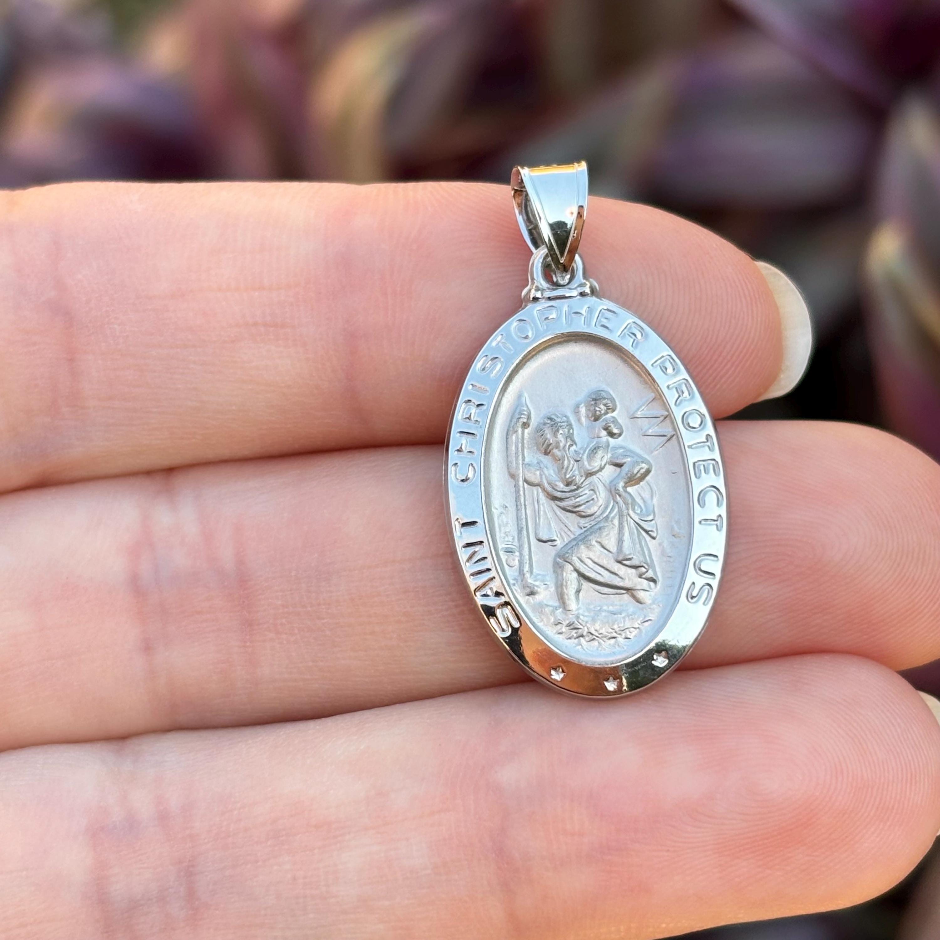 14K White Gold St Christopher Oval Medal Hollow Pendant