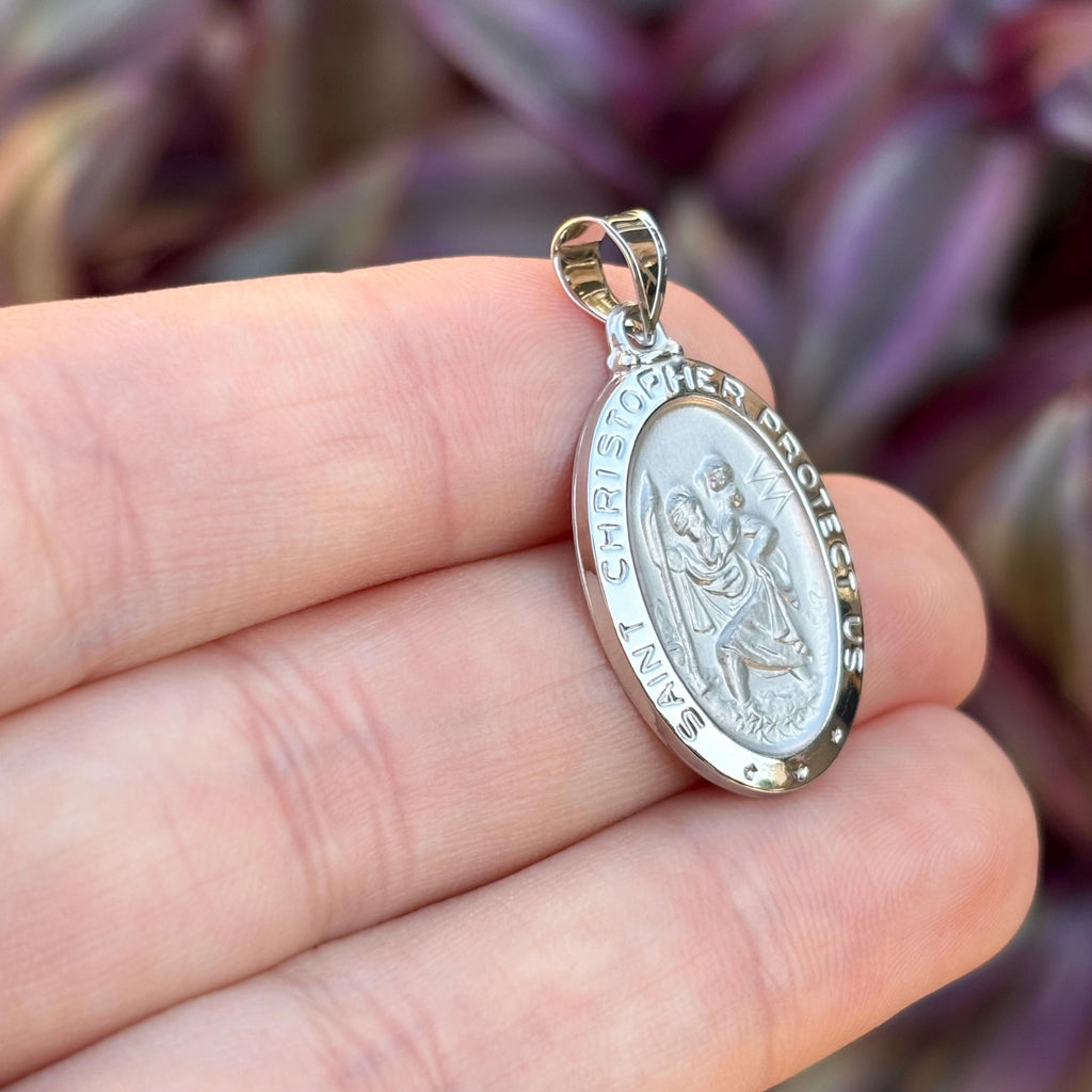 14K White Gold St Christopher Oval Medal Hollow Pendant