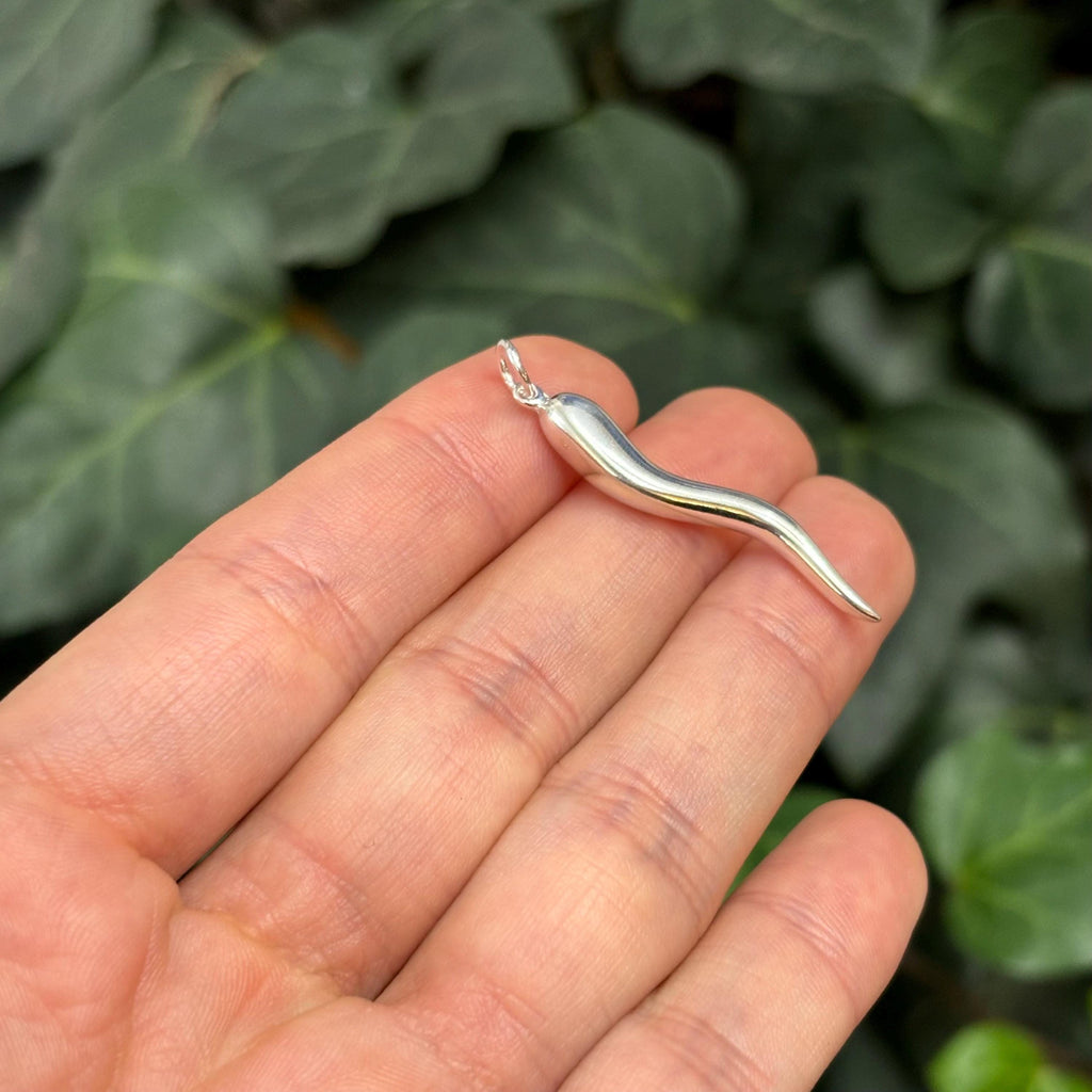 Sterling Silver Italian Horn Corno Pendant 34mm
