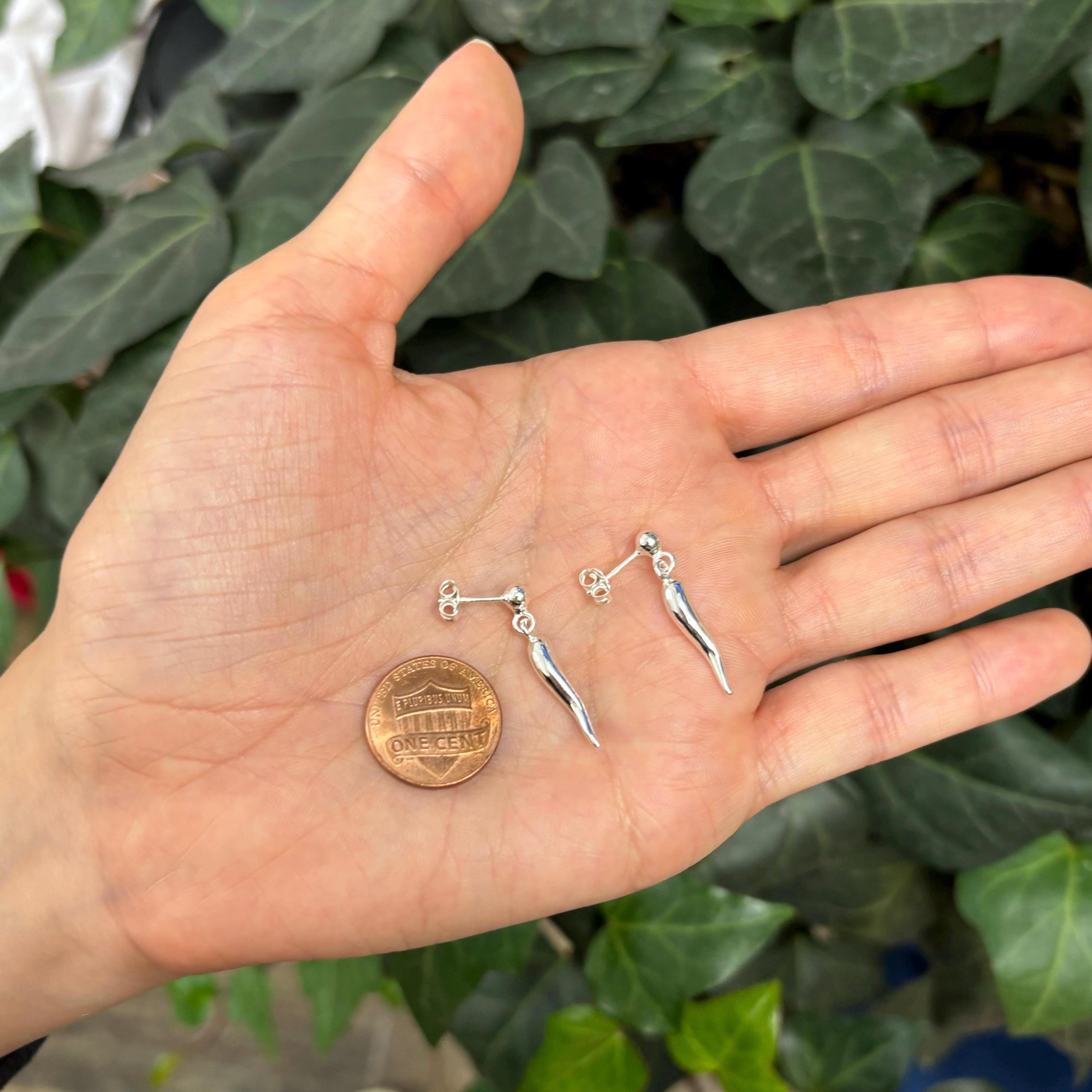 Sterling Silver Italian Horn Corno Drop Earrings