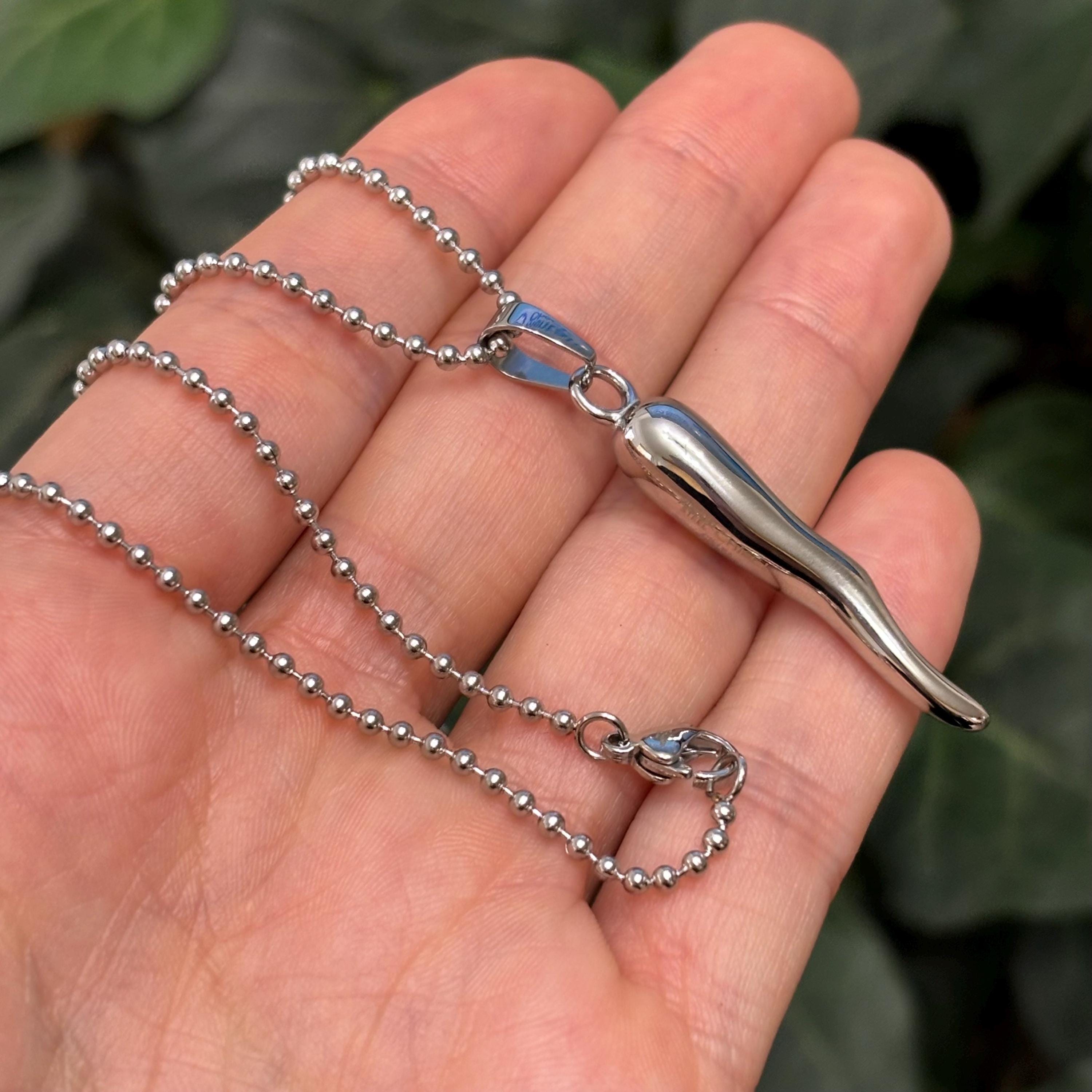 Stainless Steel Italian Horn Corno Pendant Ball Necklace