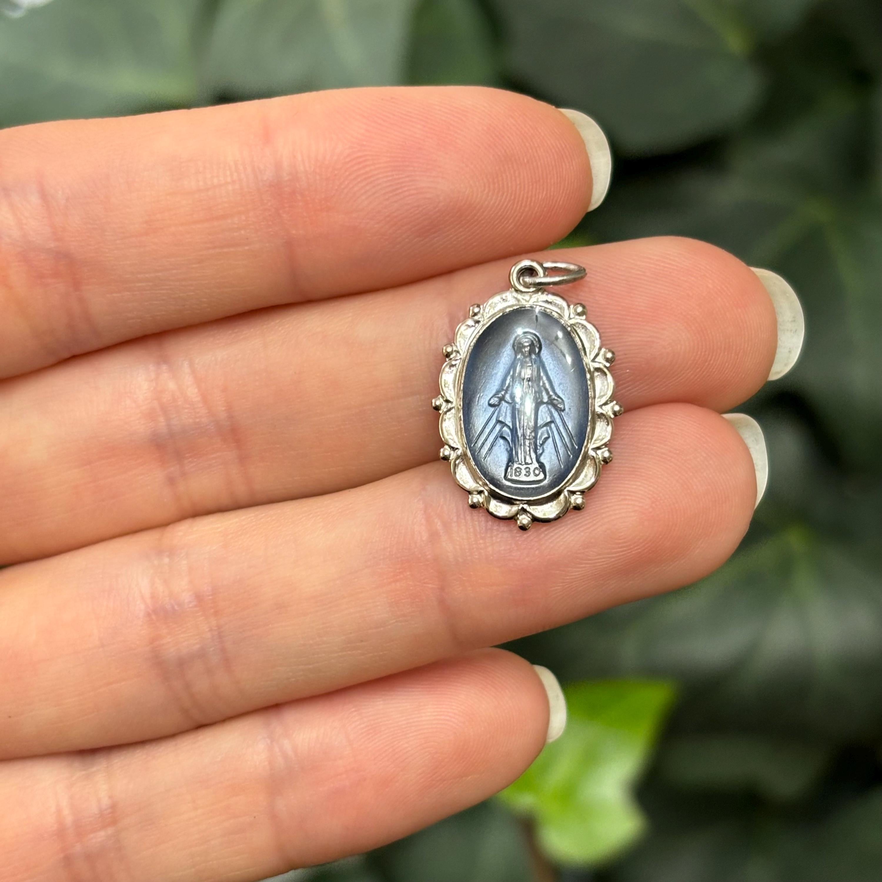 Sterling Silver Miraculous Medal Oval Blue Medal Charm Pendant