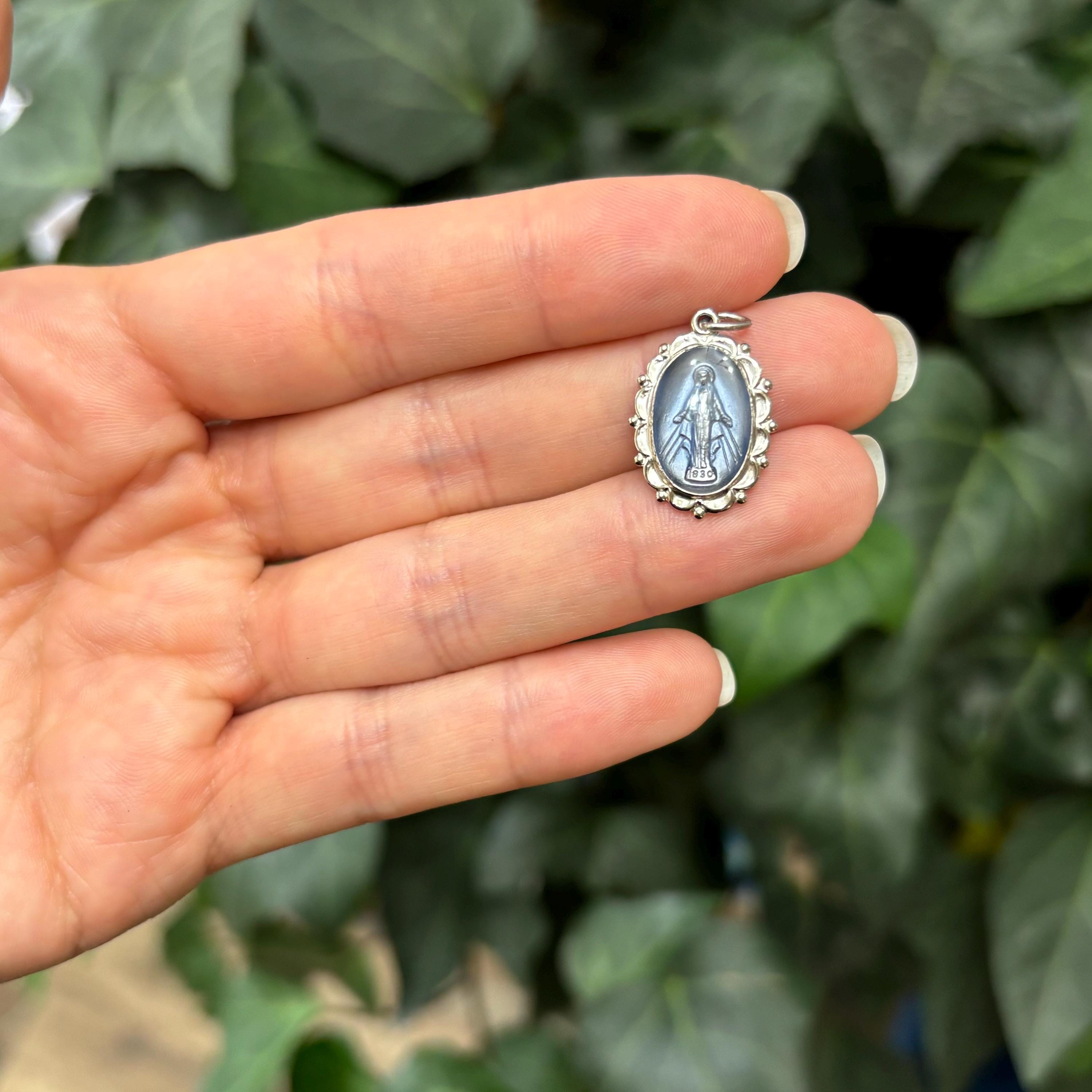 Sterling Silver Miraculous Medal Oval Blue Medal Charm Pendant