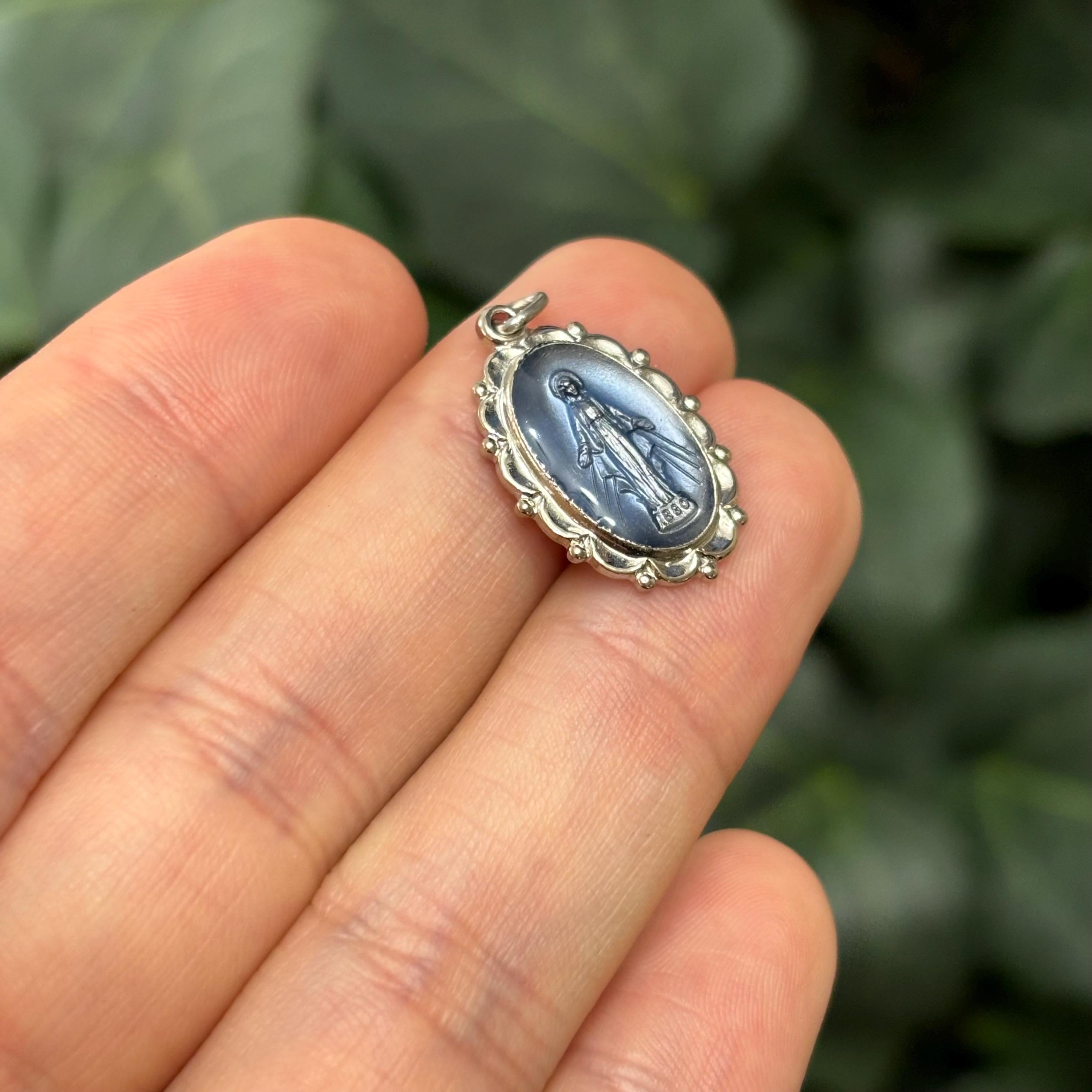 Sterling Silver Miraculous Medal Oval Blue Medal Charm Pendant