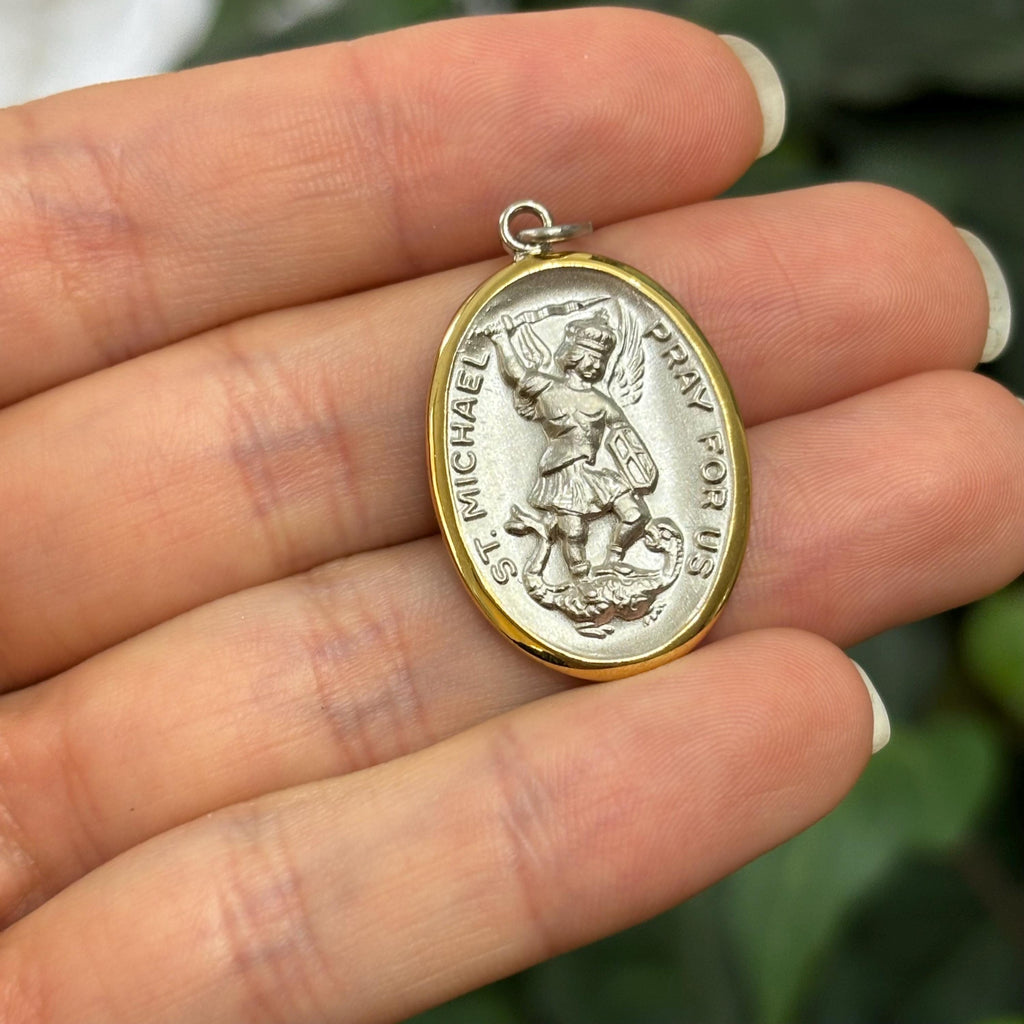 Sterling Silver St Michael Oval Medal Pendant Gold Vermeil