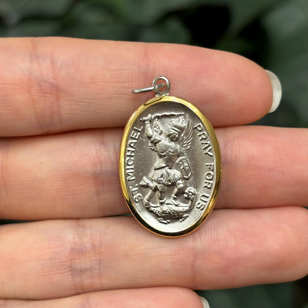 Sterling Silver St Michael Oval Medal Pendant Gold Vermeil