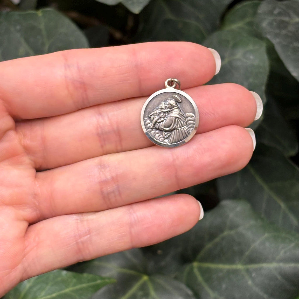 Sterling Silver St Anthony Antiqued Round Medal Charm Pendant