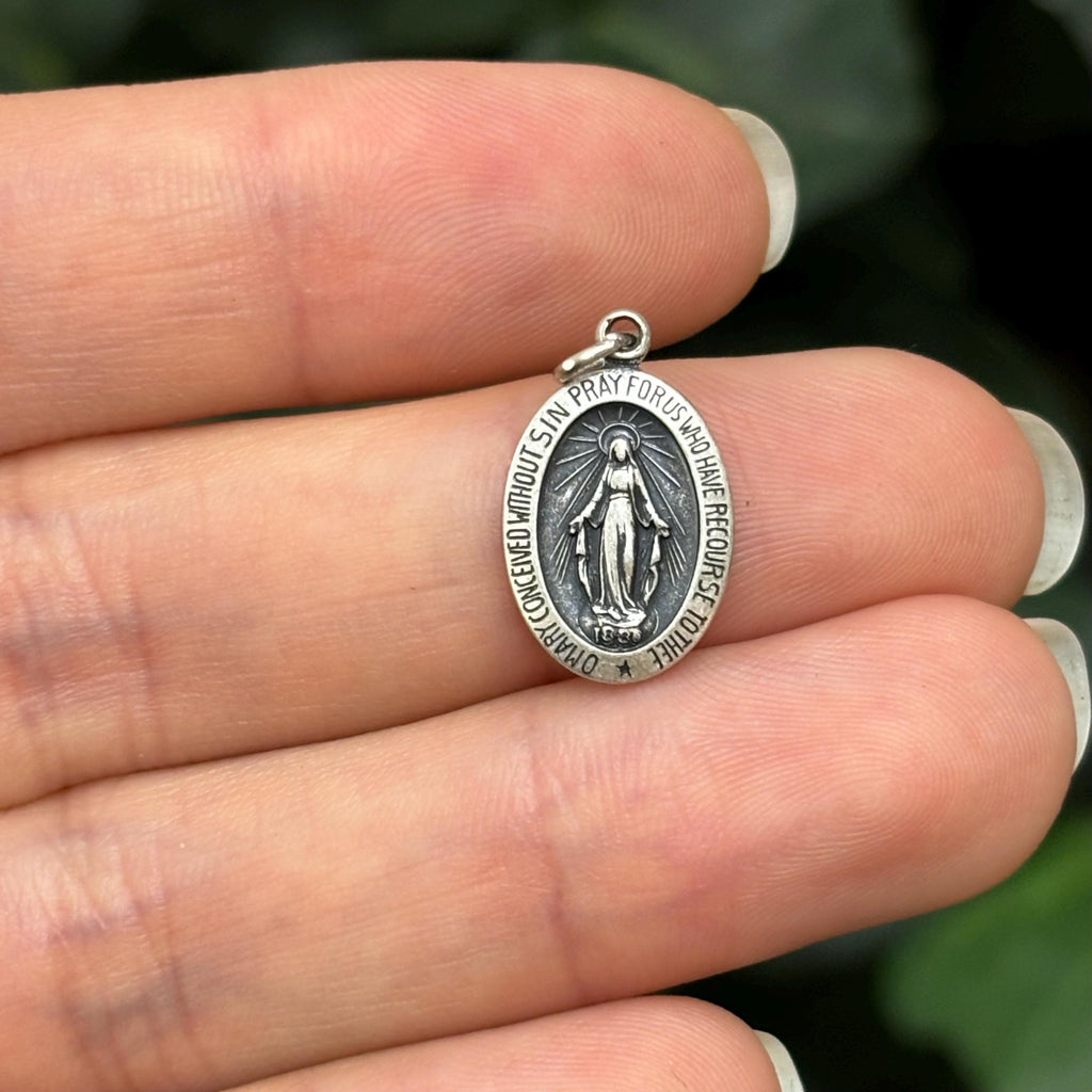 Sterling Silver Miraculous Medal Oval Medal Charm Pendant 17mm x 10mm