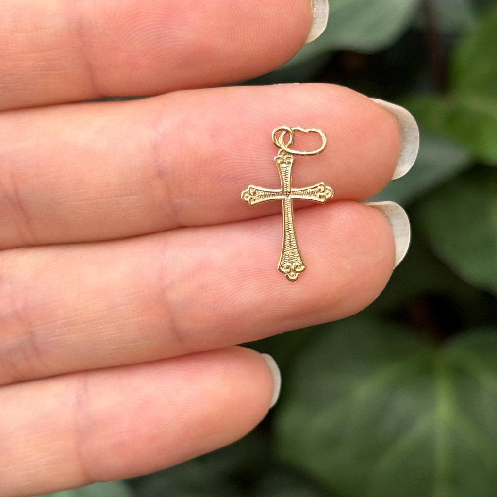 14k Gold Textured Swirl Small Cross Charm Pendant