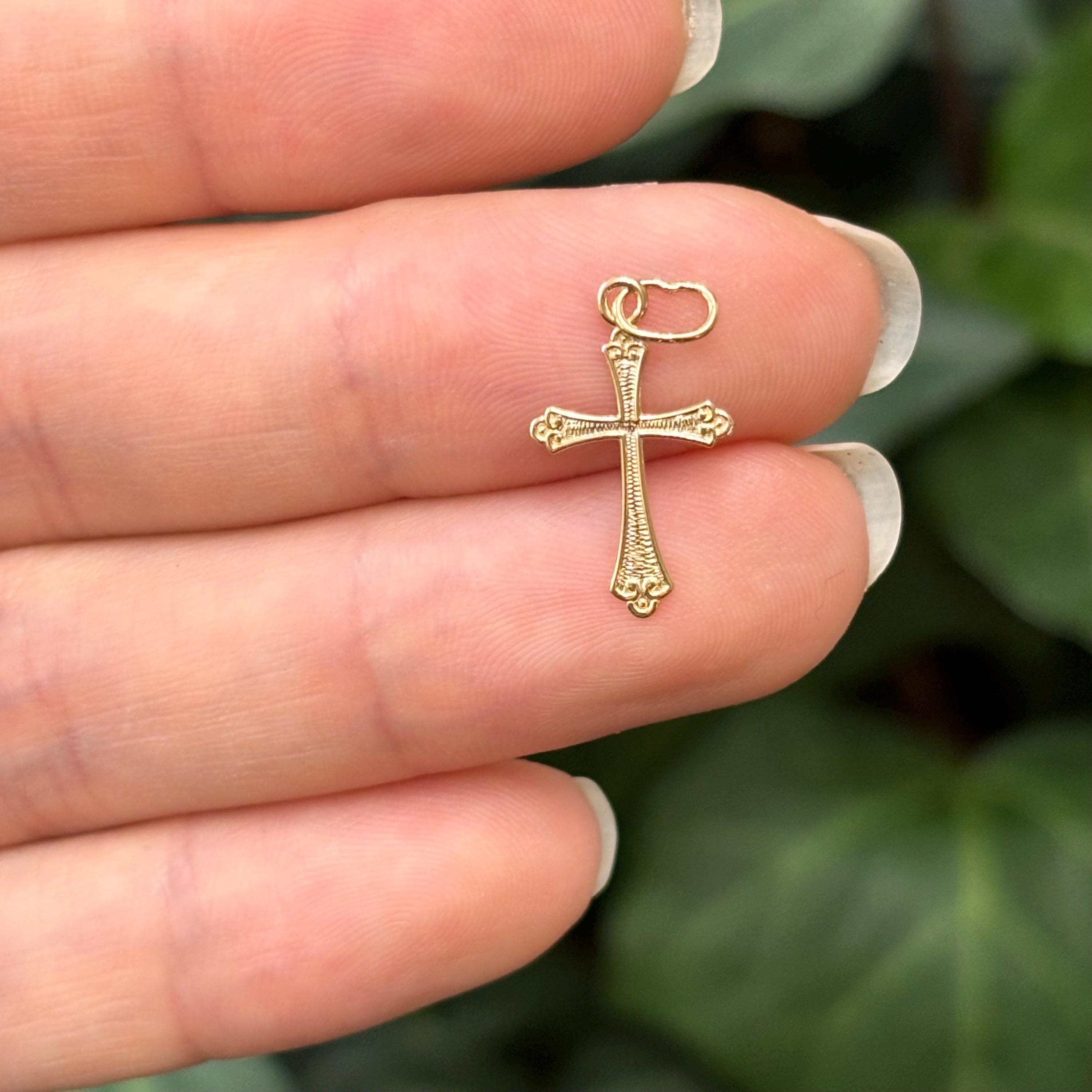 14k Gold Textured Swirl Small Cross Charm Pendant
