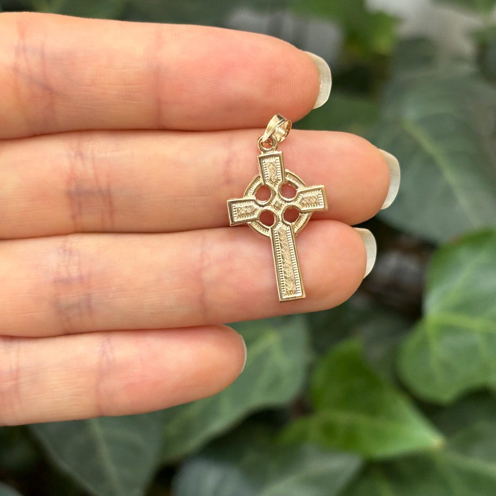 14k Gold Celtic Cross Charm Pendant Florentine Finish