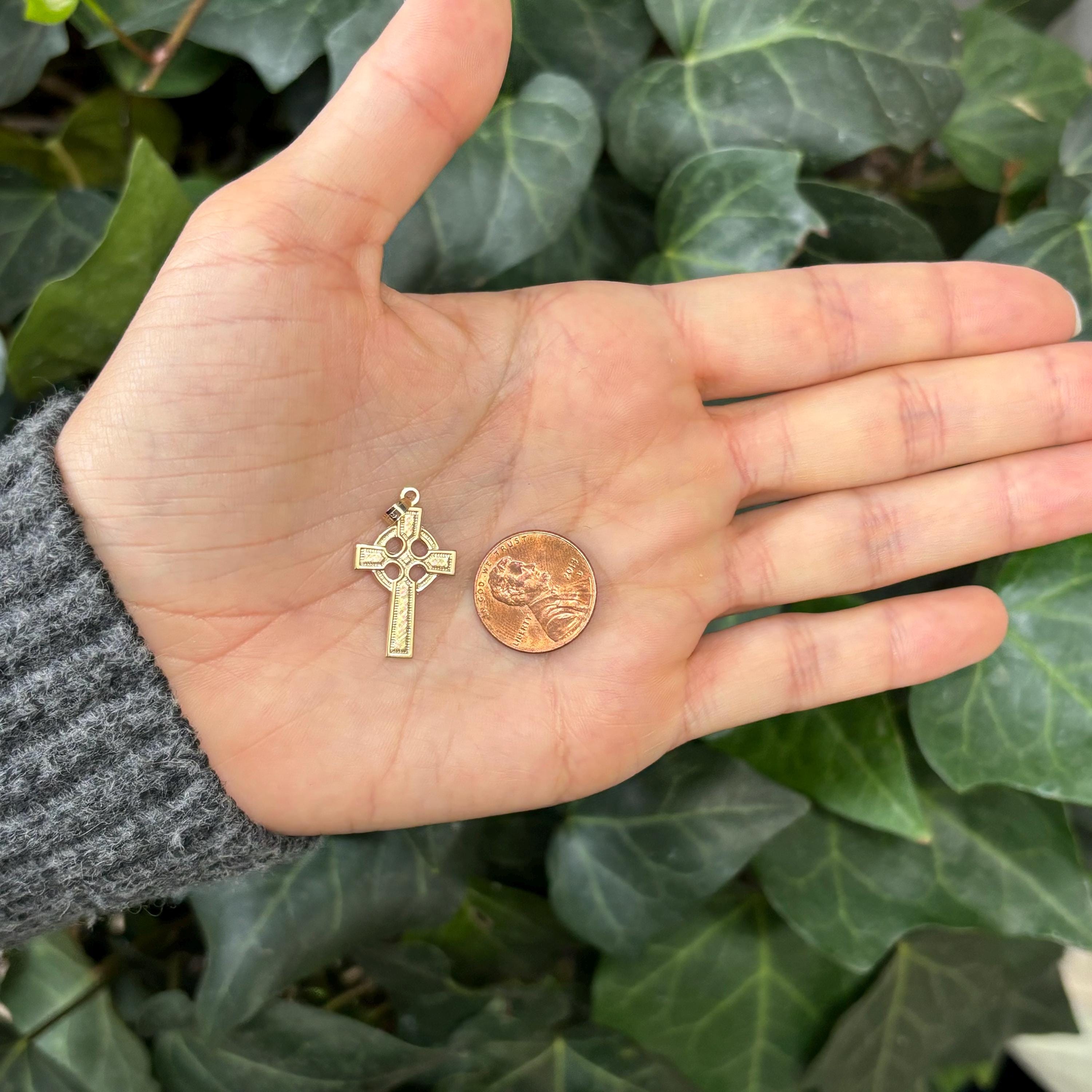 14k Gold Celtic Cross Charm Pendant Florentine Finish