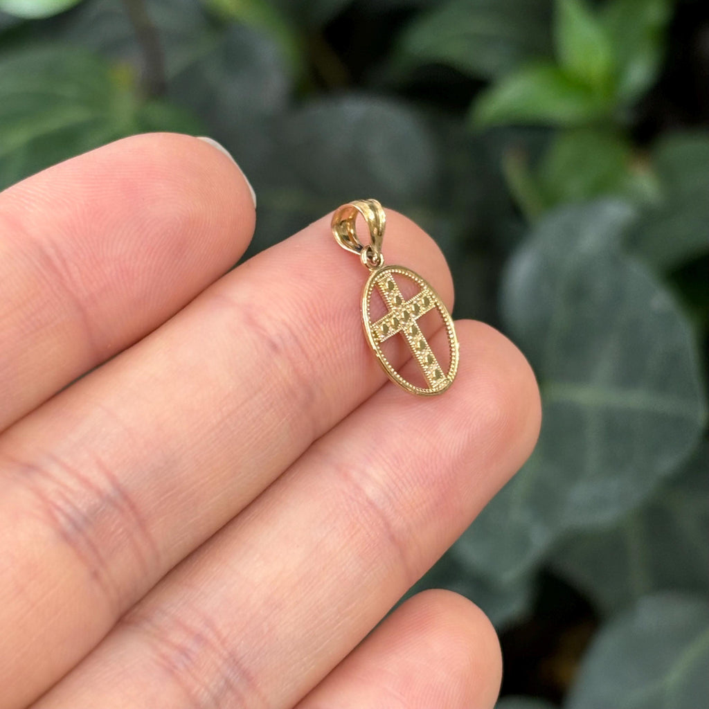 14k Gold Cross in Oval Frame Charm Pendant