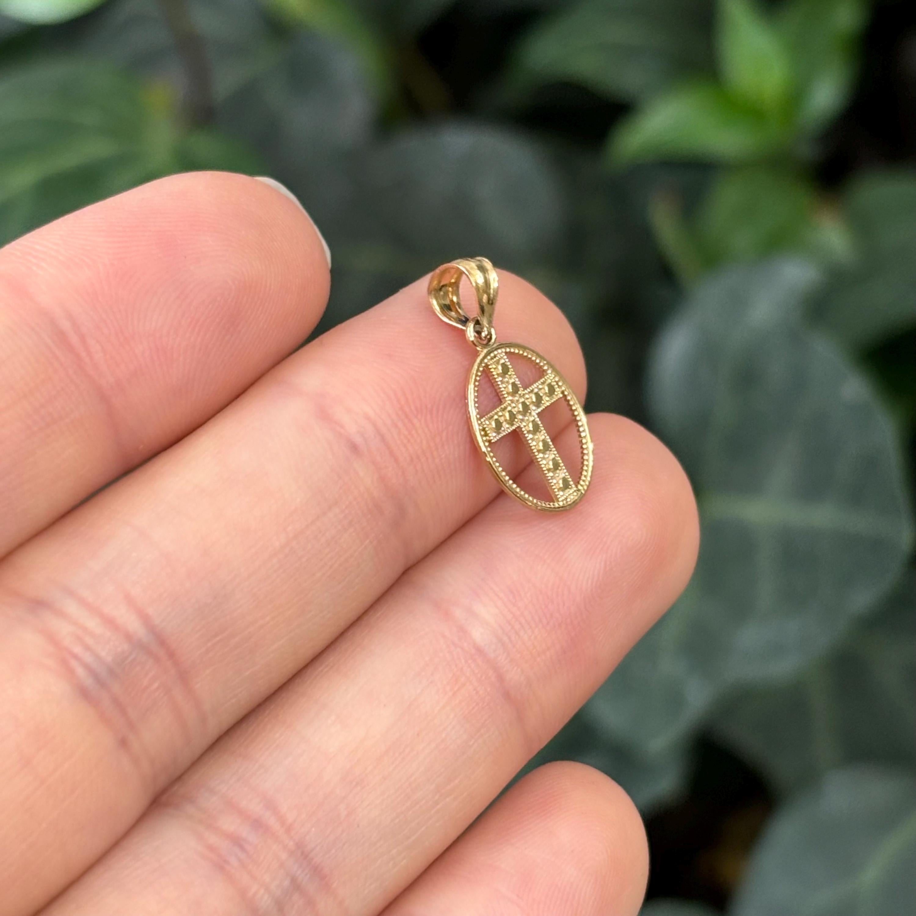 14k Gold Cross in Oval Frame Charm Pendant