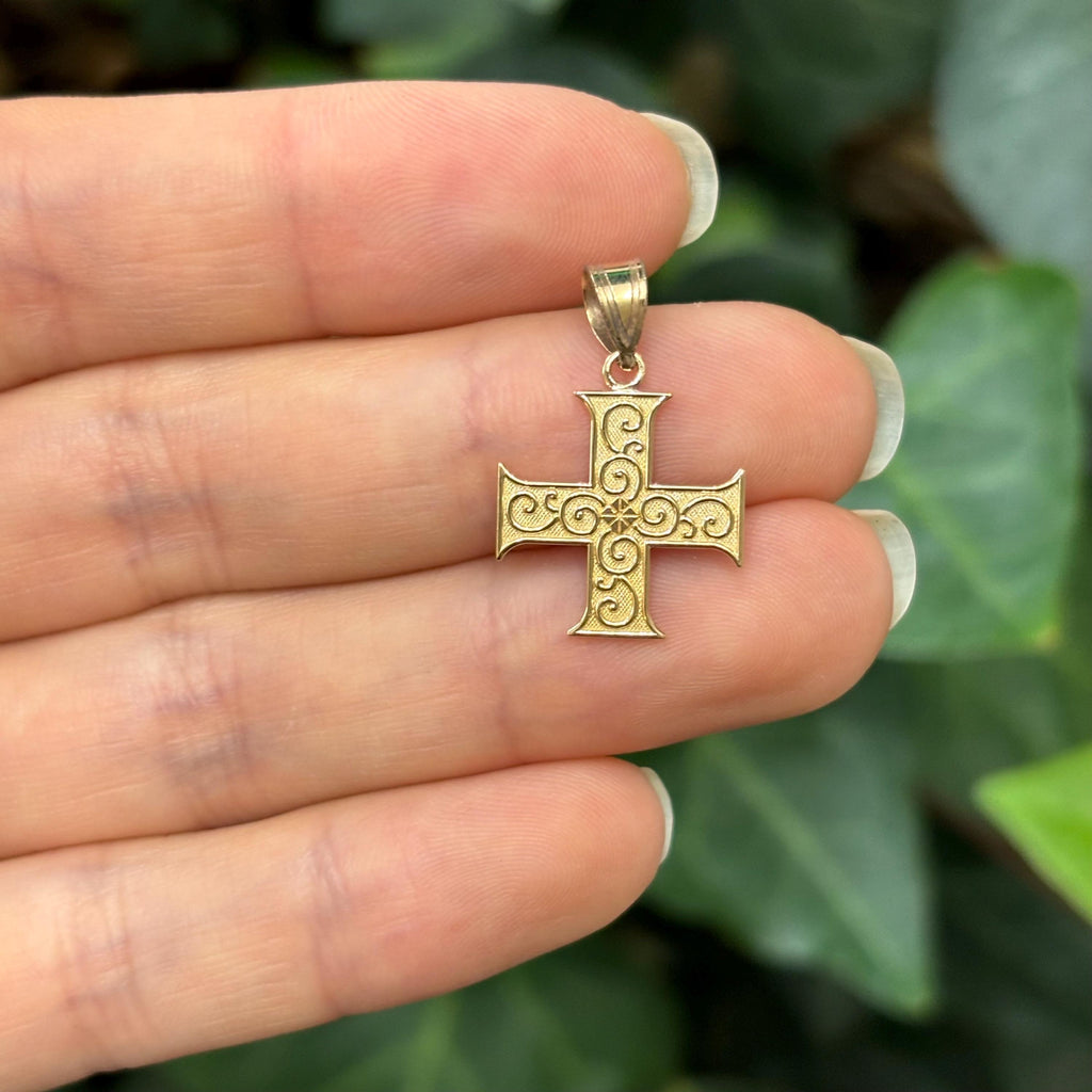 14k Gold Greek Swirl Cross Charm Pendant