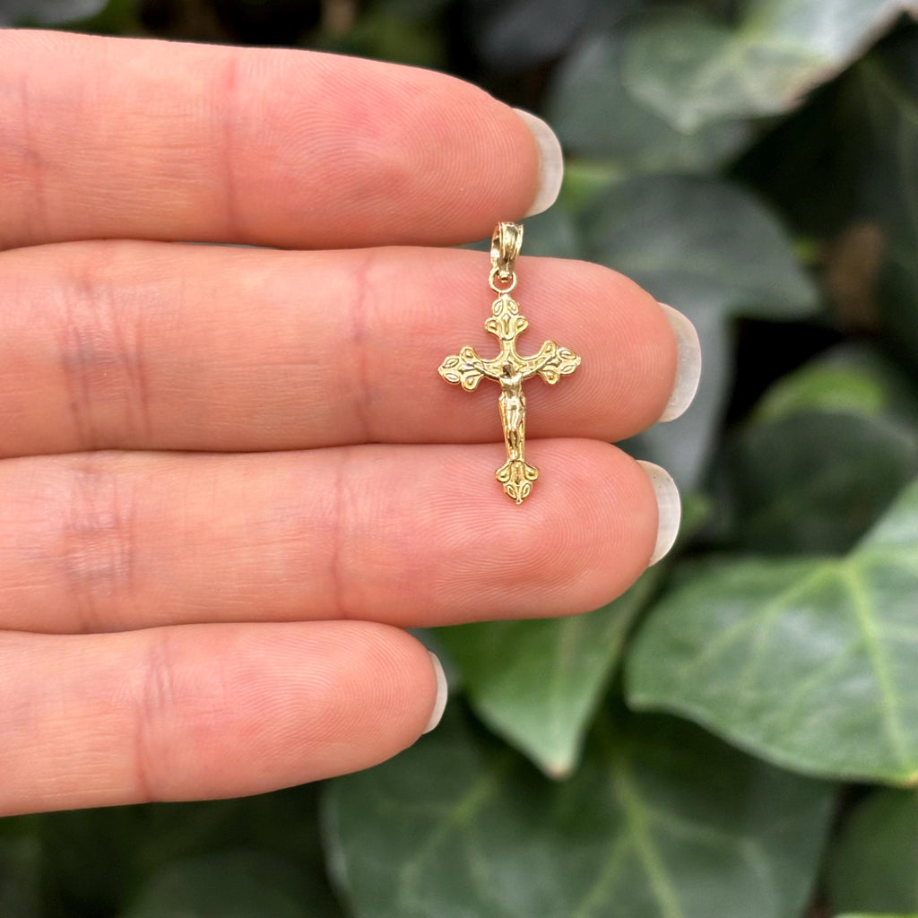 14k Gold Crucifix Cross Charm Pendant Fancy Tips