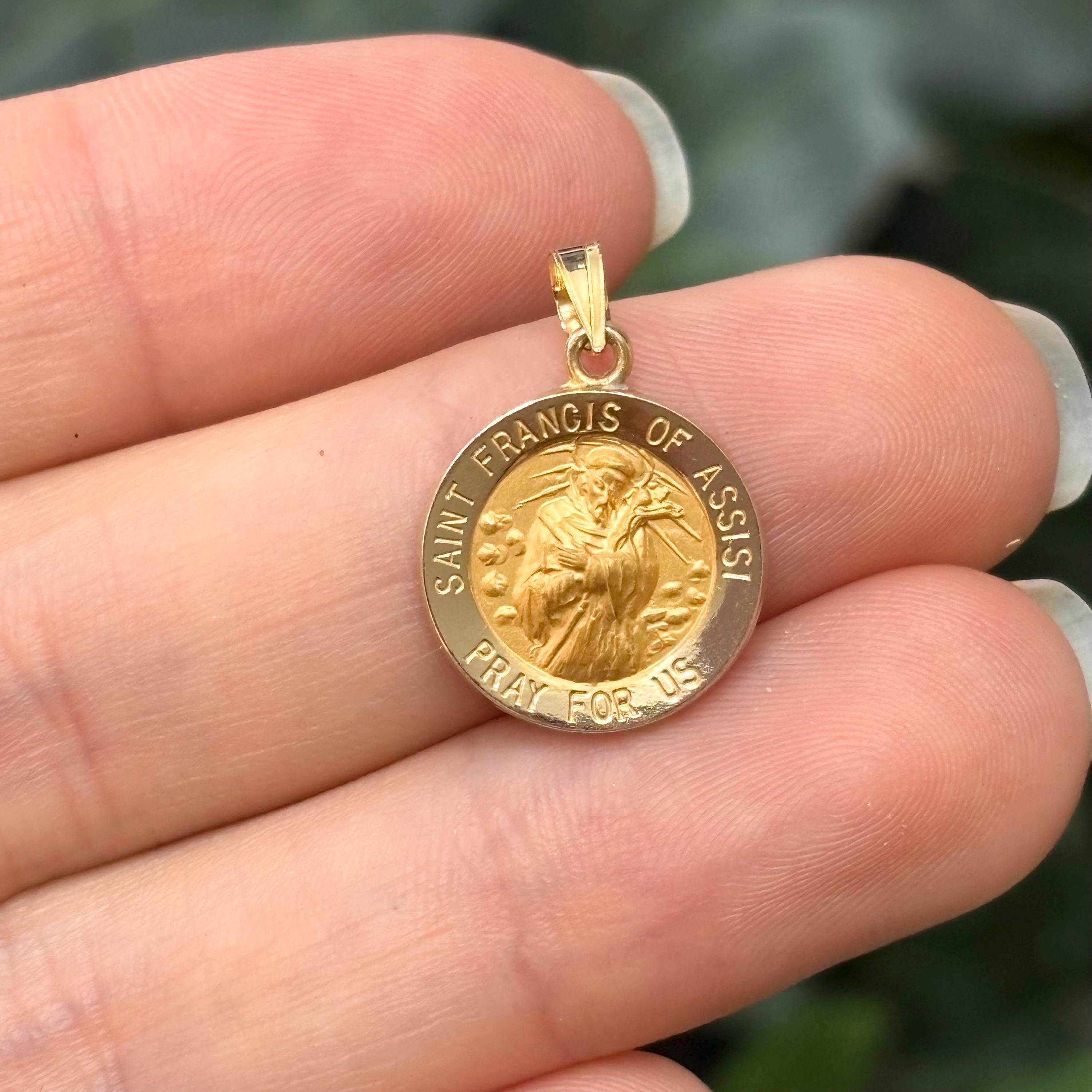 14k Gold St Francis Assisi Satin Medal Pendant Hollow 15mm