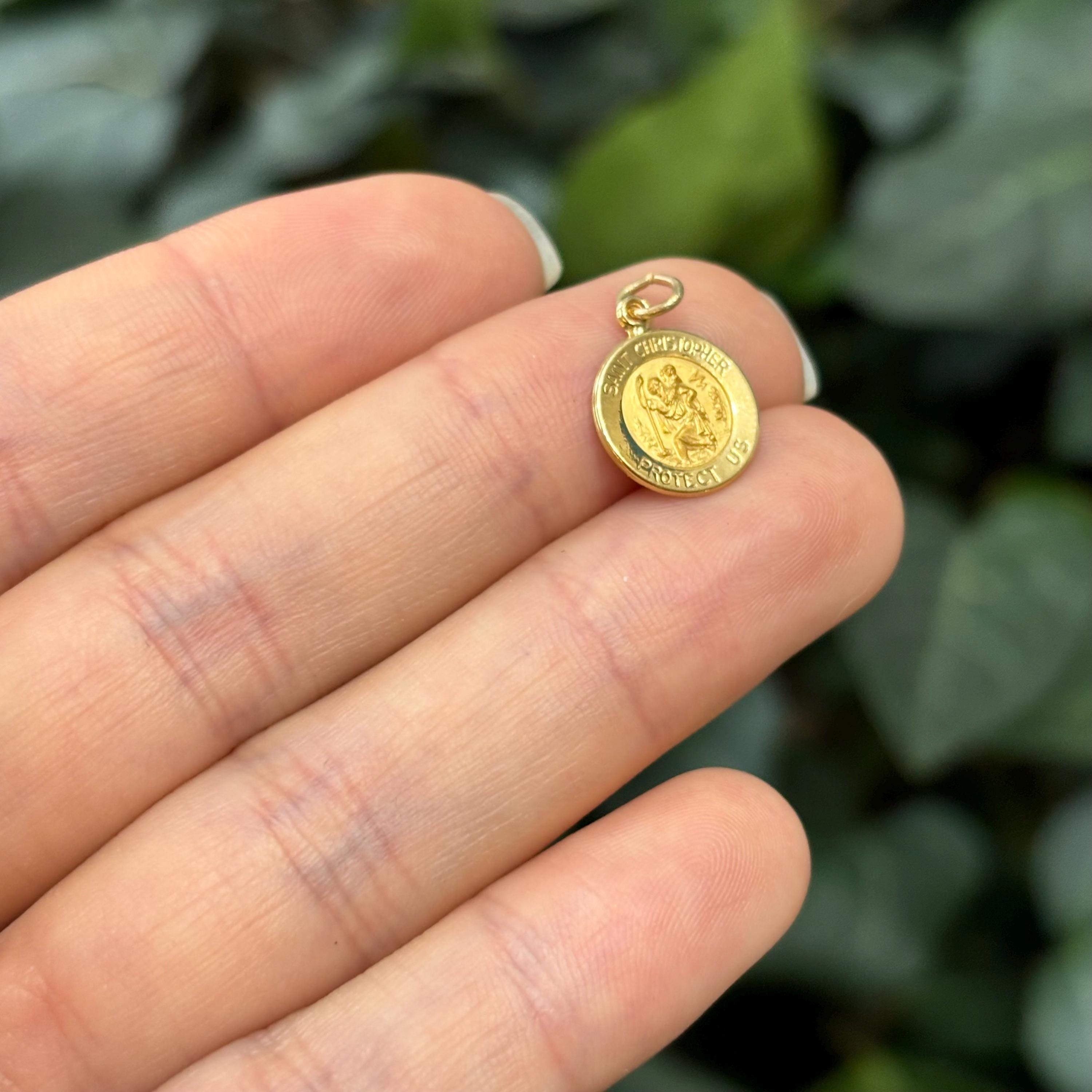 14k Gold St Christopher Round Medal Pendant 12mm Hollow