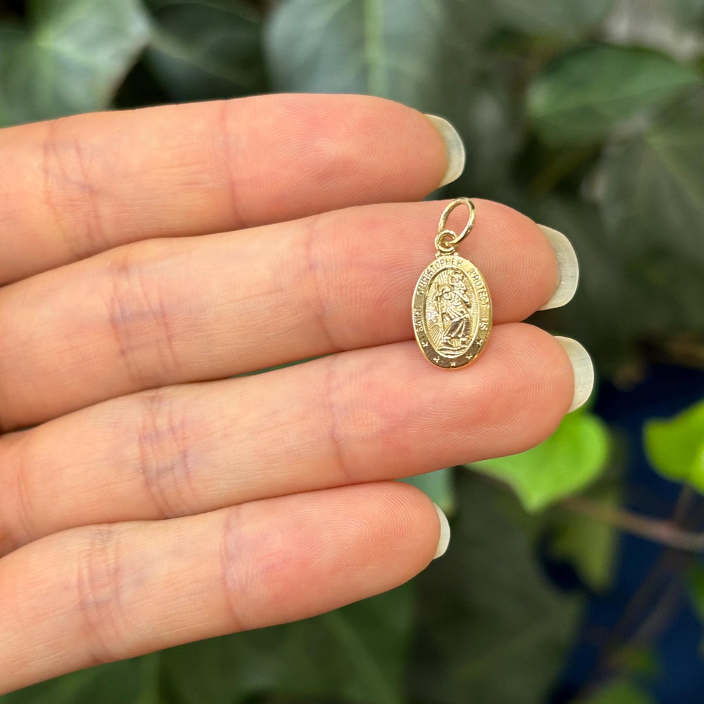 14k Gold St Christopher Oval Medal Charm Pendant  Small