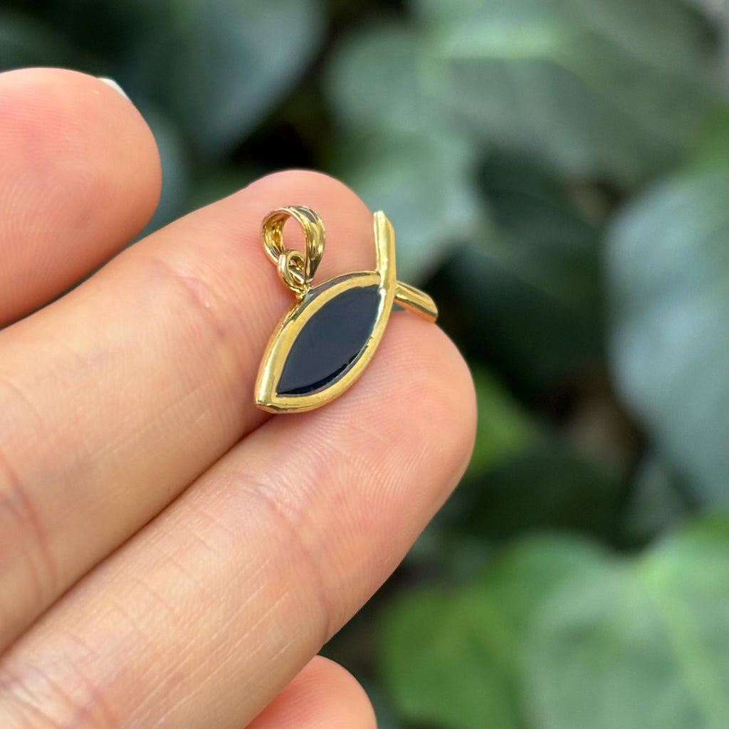 14k Gold Ichthus Fish Charm Pendant Blue Enamel