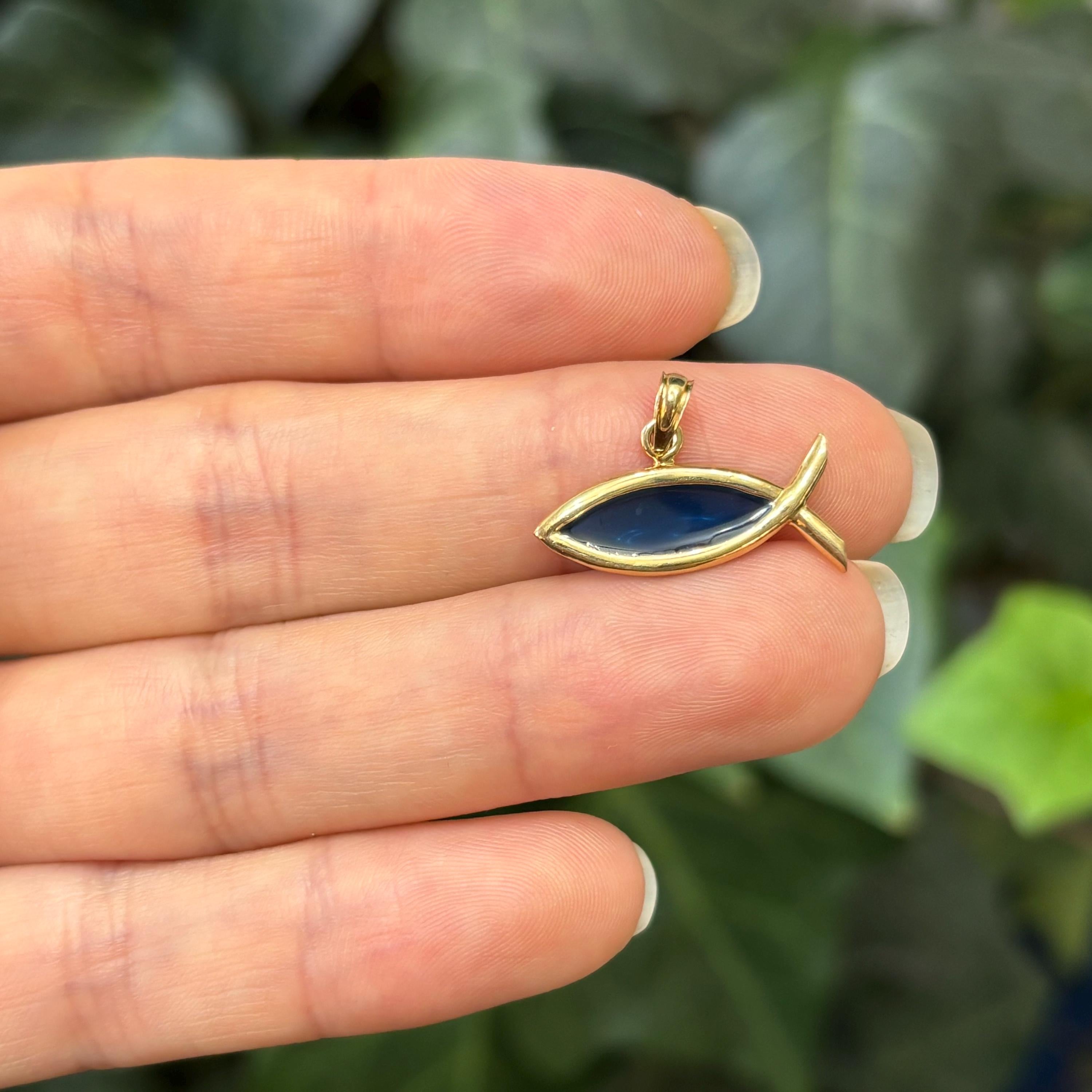 14k Gold Ichthus Fish Charm Pendant Blue Enamel