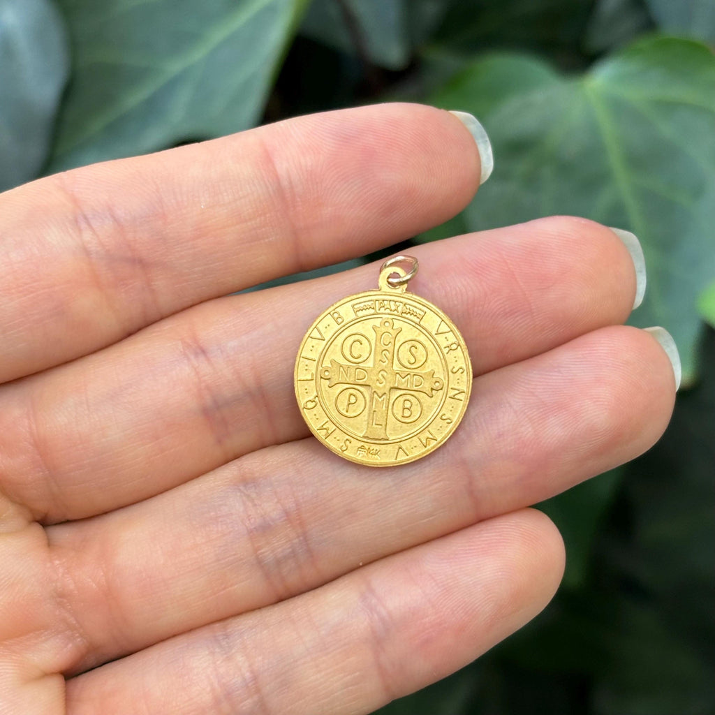 14k Gold St Benedict 2 Sided Medal Pendant Solid 24.5mm