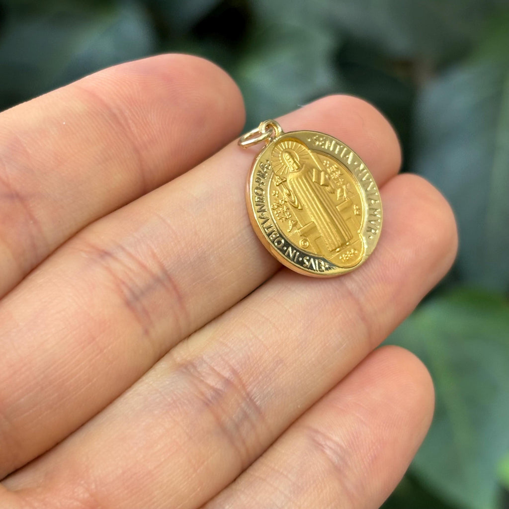 14k Gold St Benedict 2 Sided Medal Pendant Solid 24.5mm