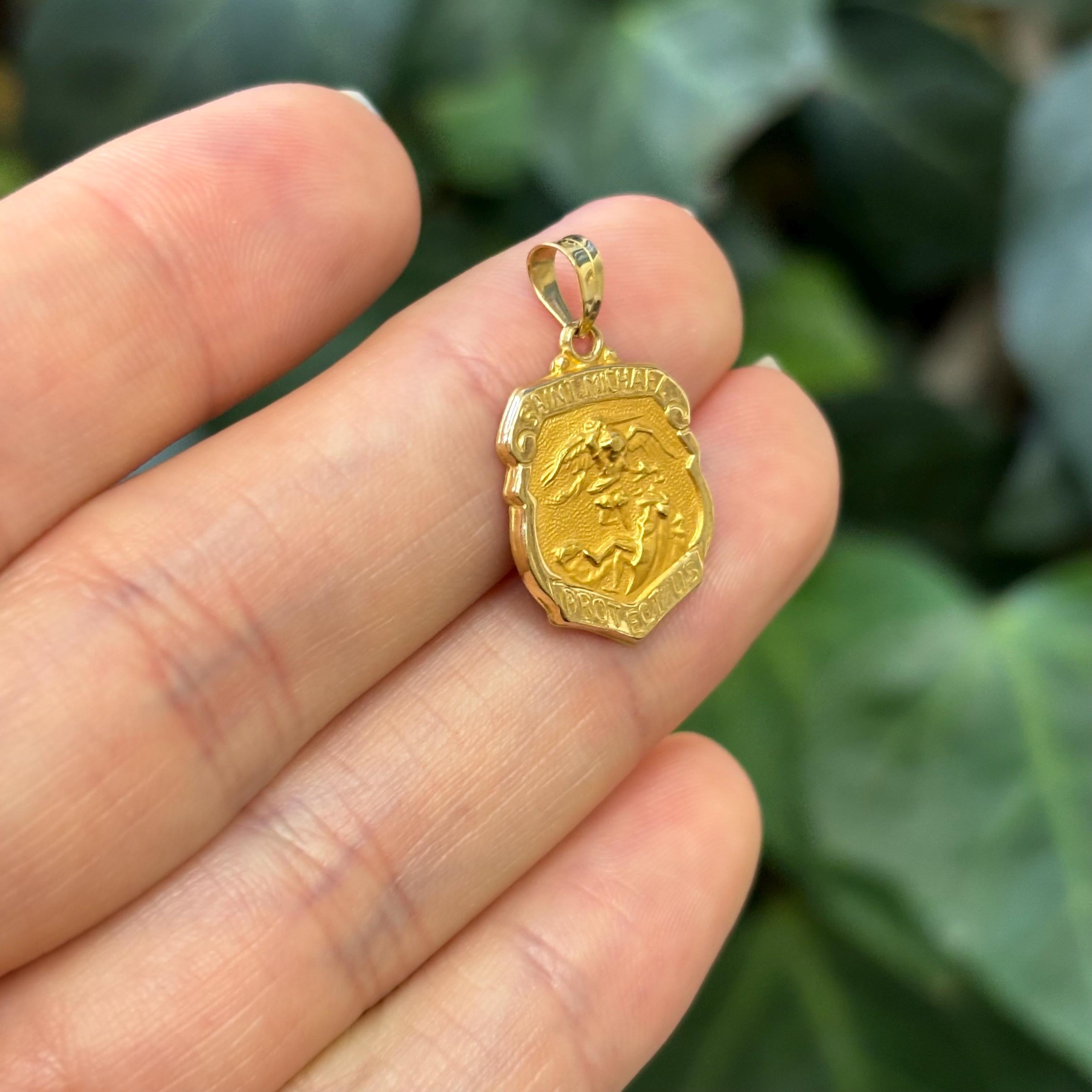 14k Gold St Michael Shield Satin Medal Pendant Hollow