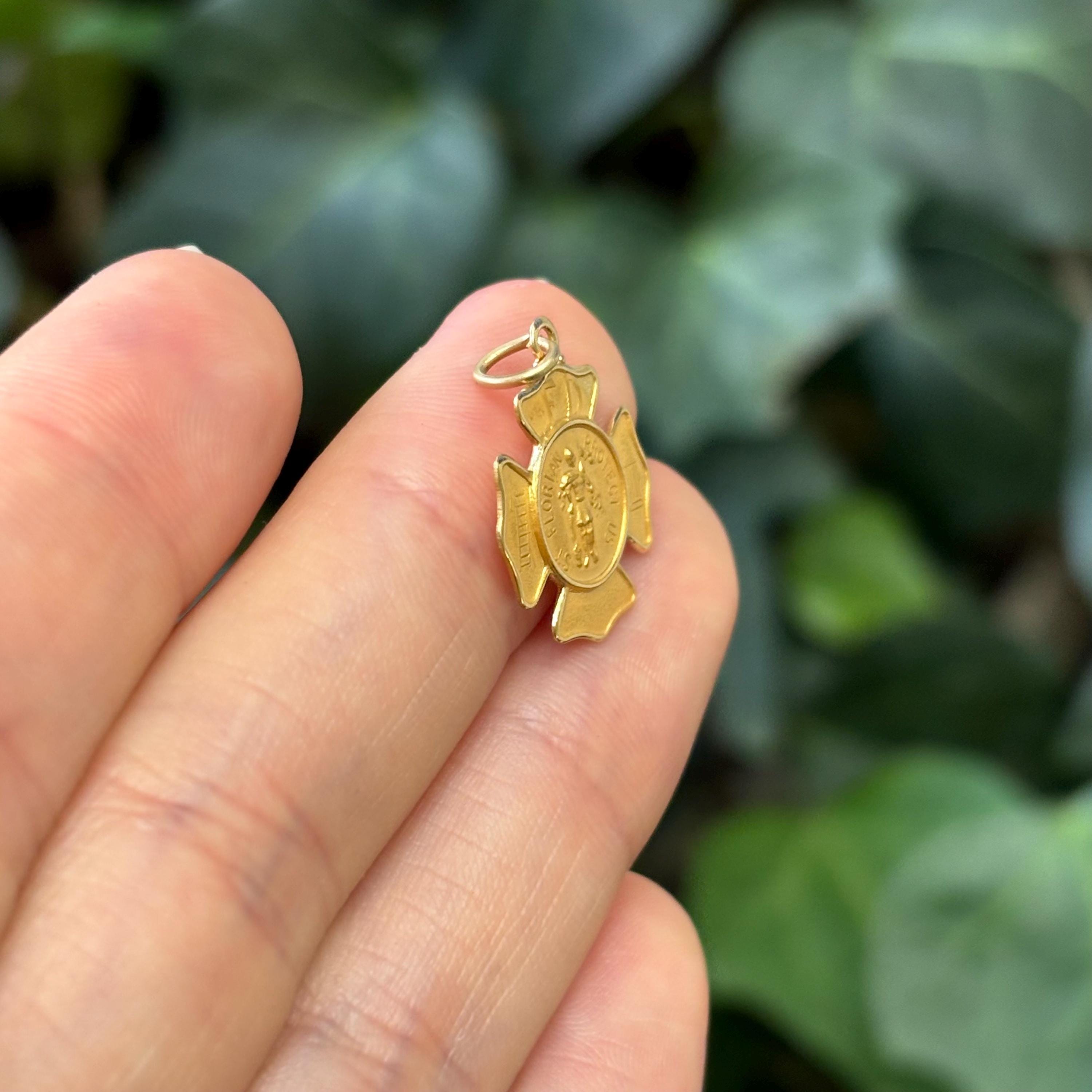 14k Yellow Gold St Florian Firefighter Badge Medal Pendant