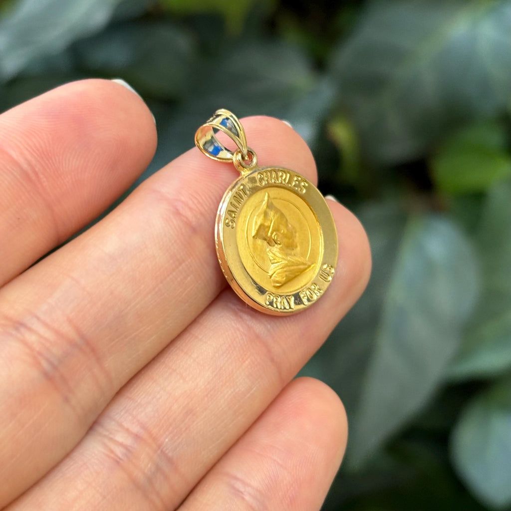 14k Gold St Charles Satin Medal Pendant Hollow
