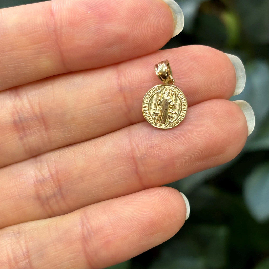 14k Gold St Benedict 2 Sided Two-Tone Medal Pendant Solid Small Mini Tiny