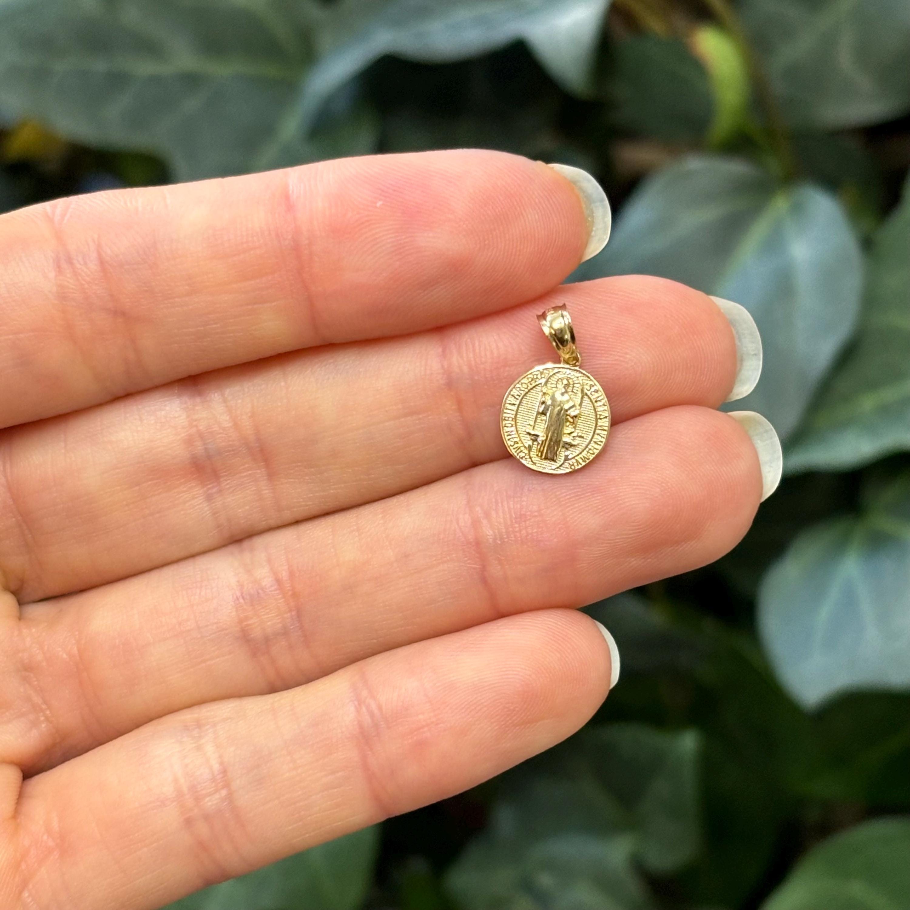 14k Gold St Benedict 2 Sided Two-Tone Medal Pendant Solid Small Mini Tiny