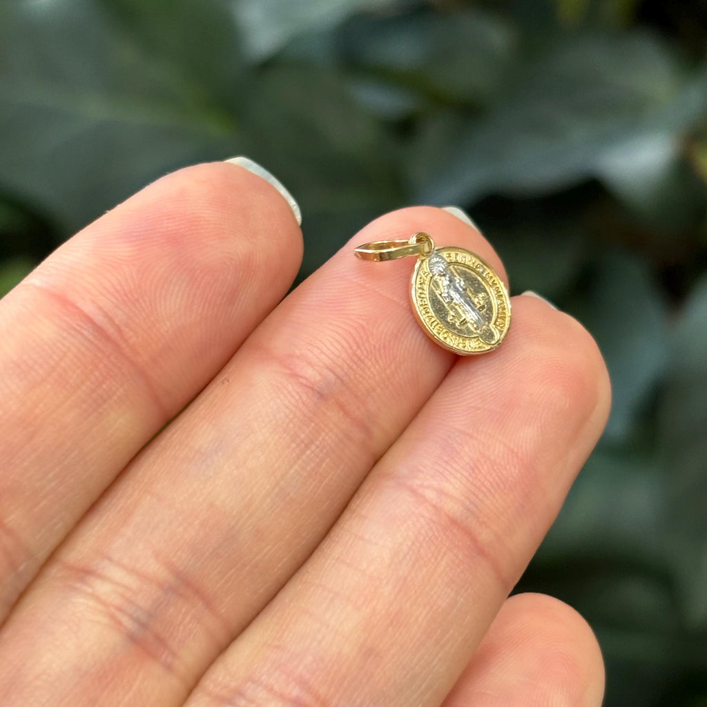 14k Gold St Benedict 2 Sided Two-Tone Medal Pendant Solid Small Mini Tiny