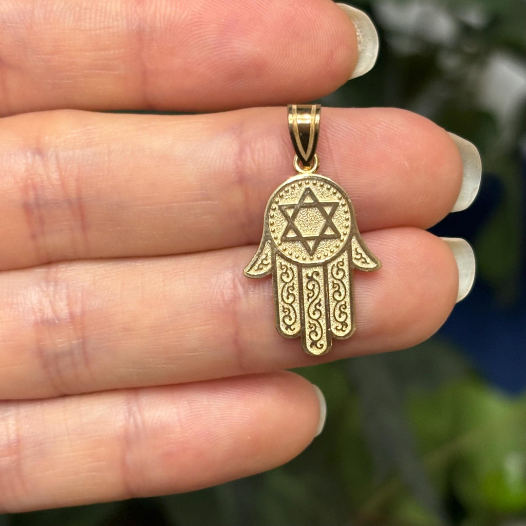 10K Yellow Gold Hamsa Chamseh Star of David Detailed Pendant