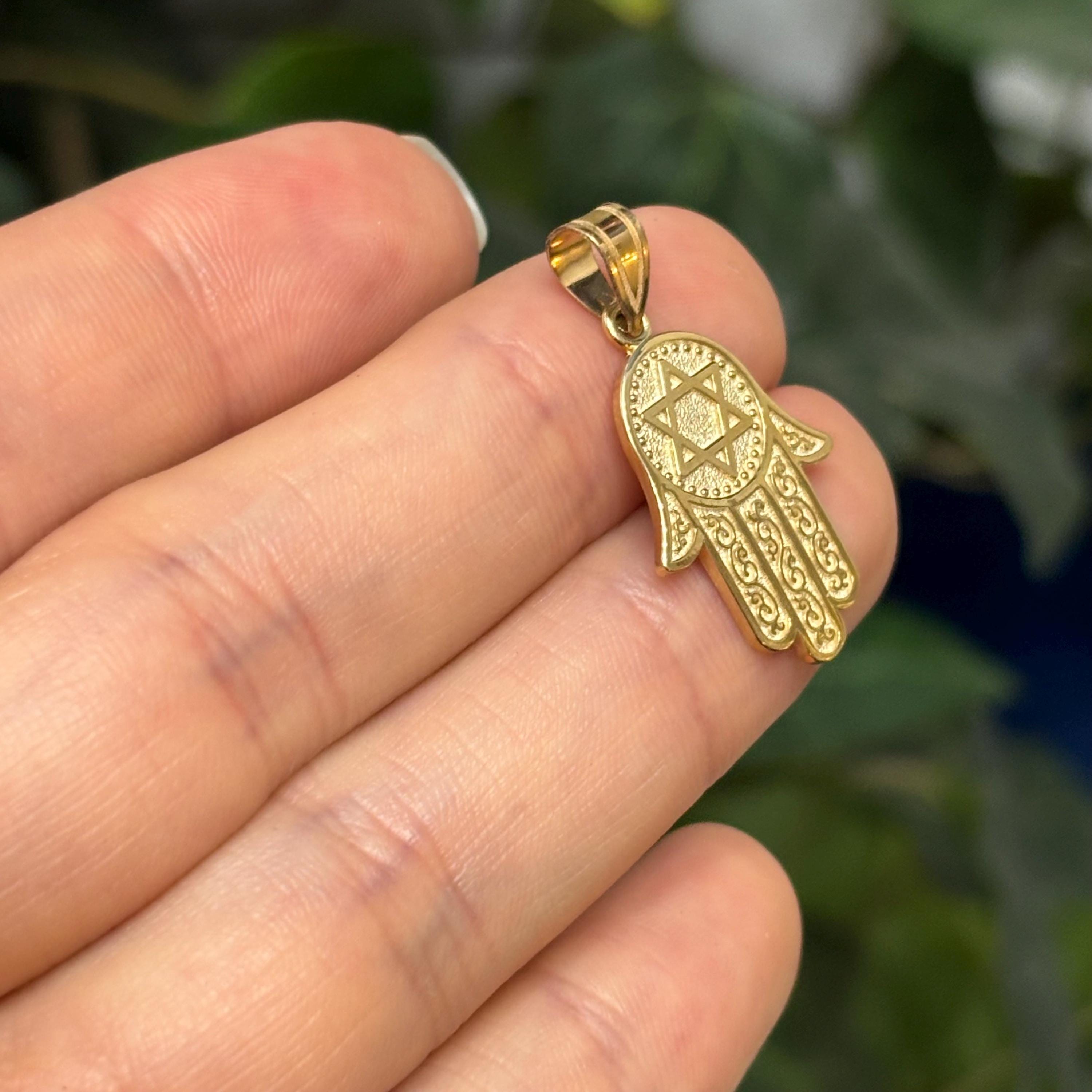10K Yellow Gold Hamsa Chamseh Star of David Detailed Pendant